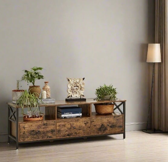 Modcraft Brown Industrial Tv Stand For Up To 65-Inch Tv – Media Console With 3 Drawers & 3 Open Shelves