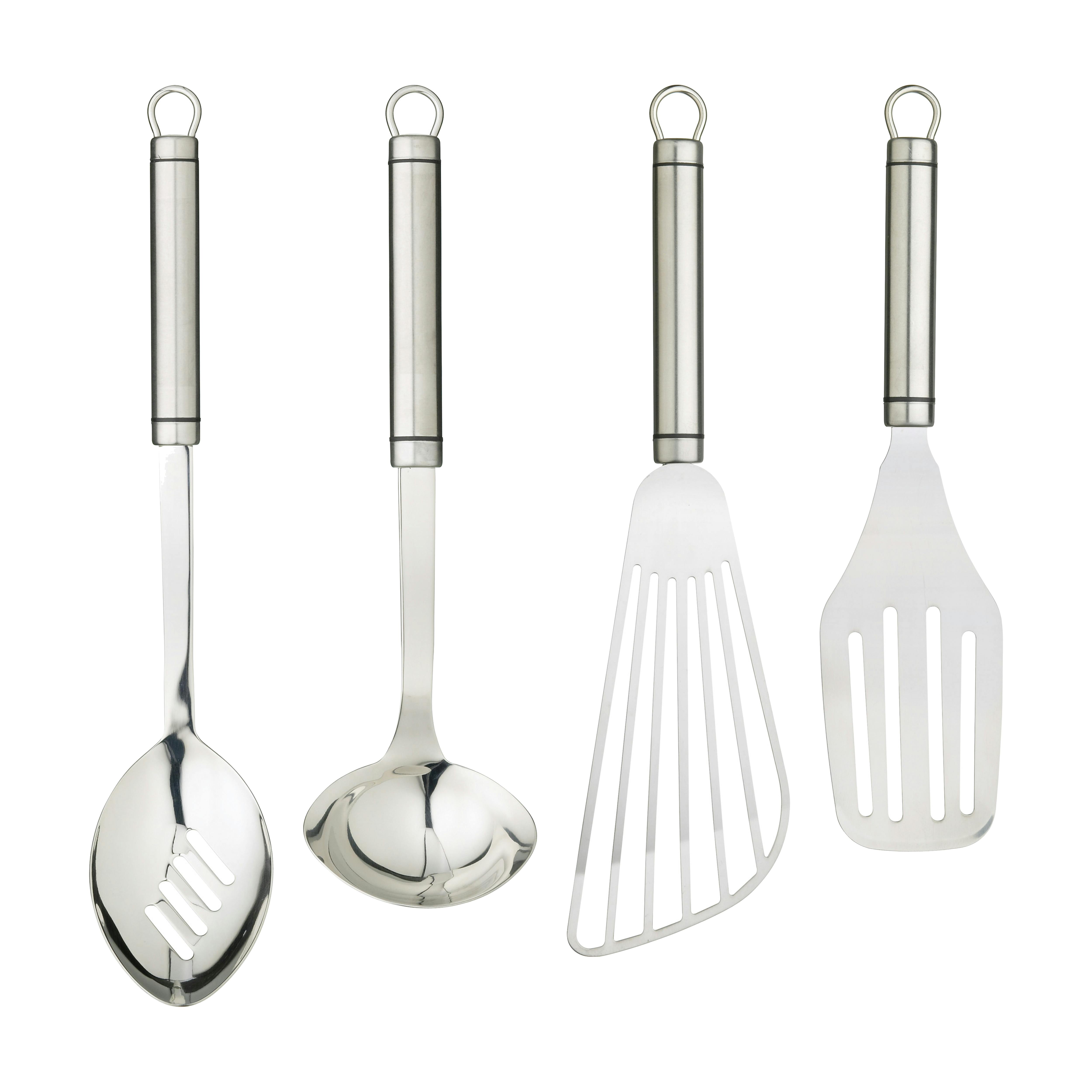 Rackhams Silver Oval Handled Professional Stainless Steel Kitchen Utensils, 4Pc Set Including Mini Ladle, Hamburger Turner, Slotted Spoon And Fish Slice - Stainless Steel - Utensils