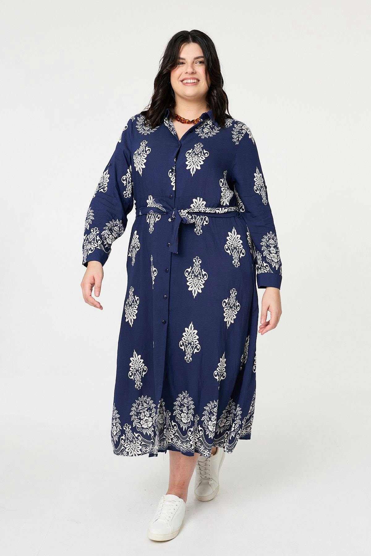 Izabel London Curve Baroque Print Maxi Shirt Dress - Navy - 20/22