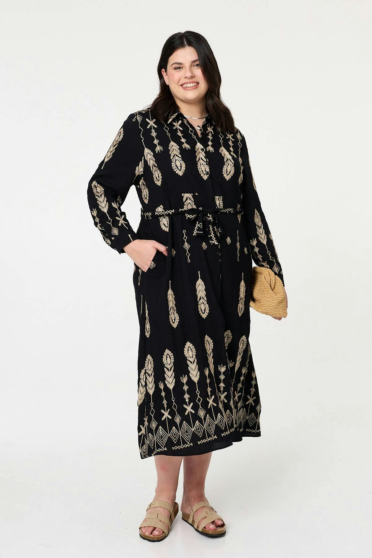 Izabel London Black Curve Embroidered Midi Shirt Dress - 20/22