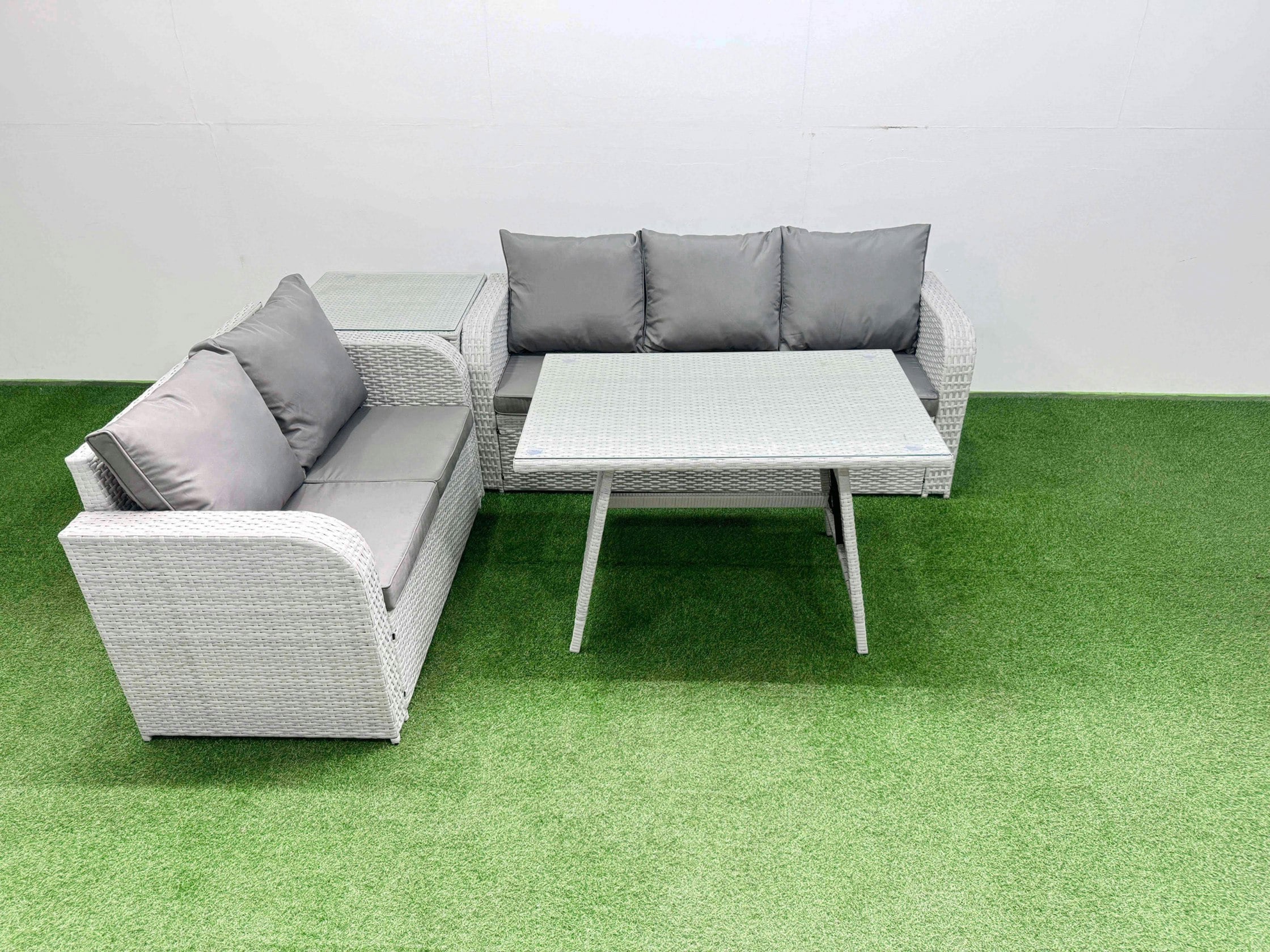 Rackhams Light/Grey Outdoor Pe Rattan Garden Furniture Set Rectangular Dining Table Sofa Set With Side Table
