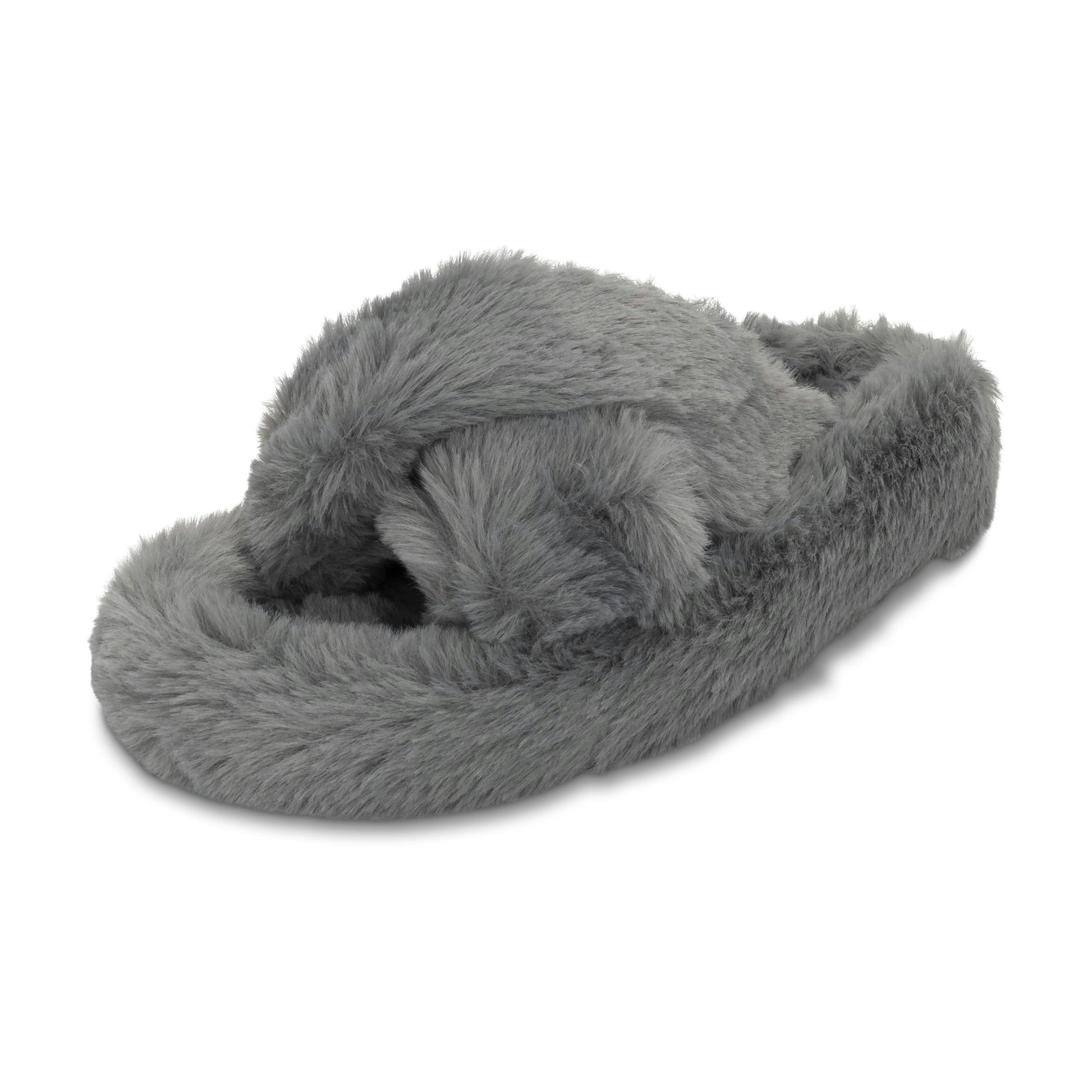 Viva Women's Dark/Grey Polar Faux Fur Fluffy Plush Open Toe Slippers For Indoors - 6