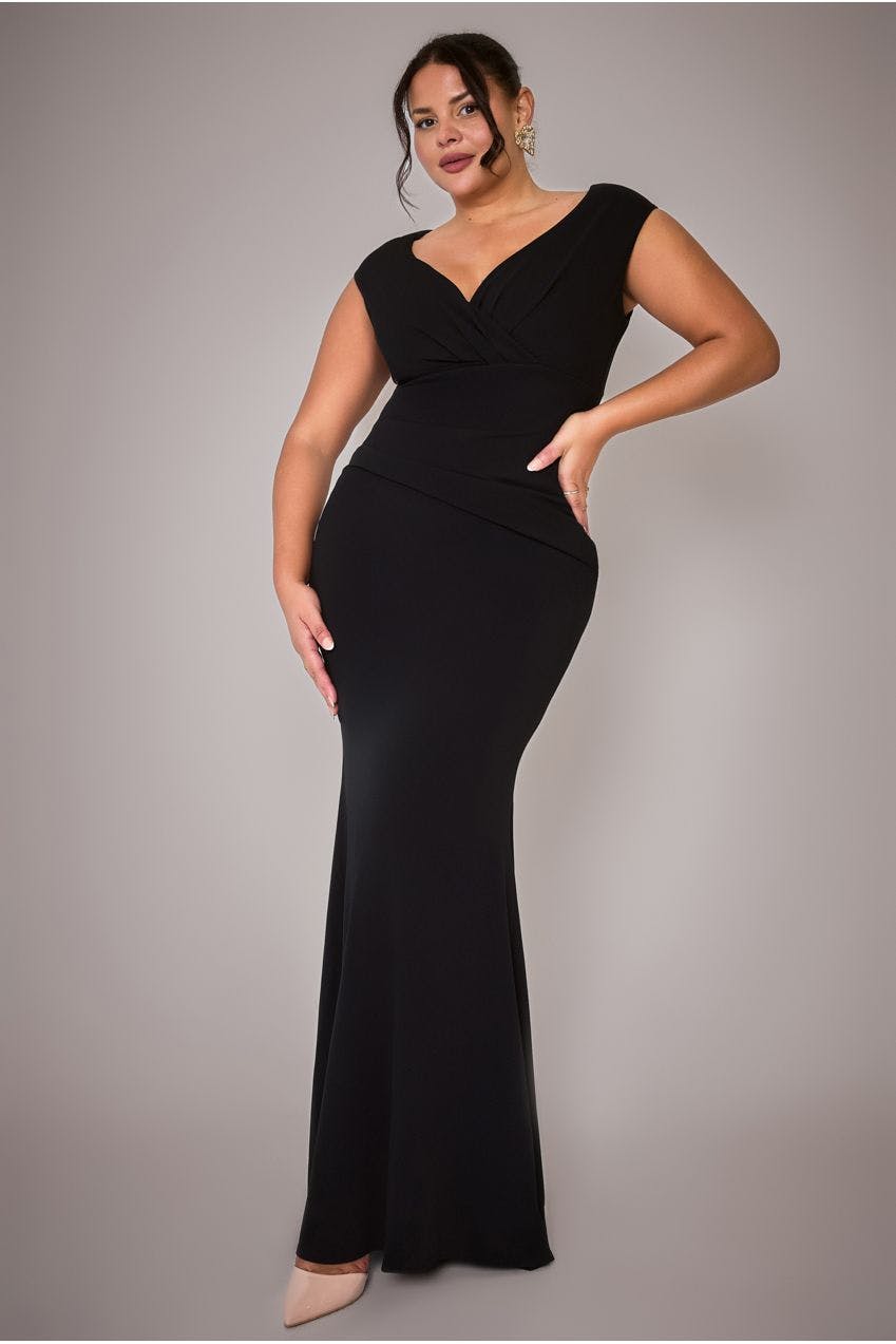 Goddiva Plus Black Bardot Pleated Maxi Dress - By - 22