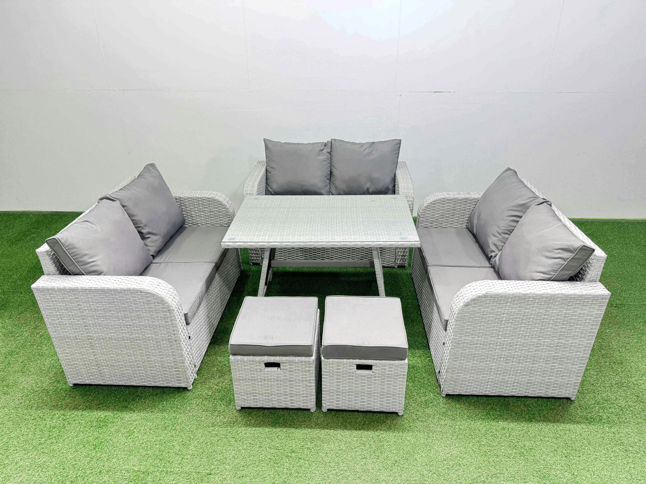 Rackhams Rattan Garden Furniture Dining Set 8 Seater Patio Rectangular Table Love Sofa Set With 2 Small Stools