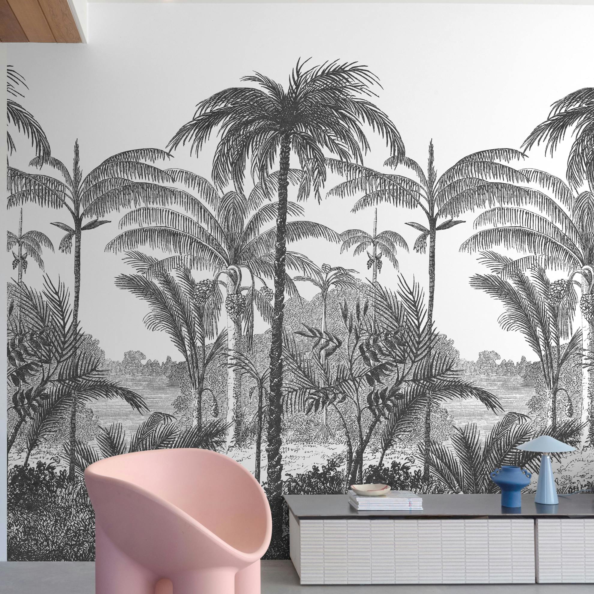 Grandeco Etched Palm Tree Landscape Scenery 3 Panel Repeatable Mural 1.59 X 2.8M