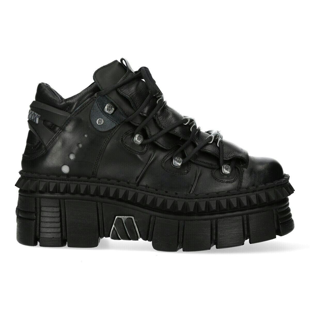 New Rock Unisex Black Leather Ankle Goth Boots-Wall106-S13 - Uk 6 | Eu 39 | Us 8.5