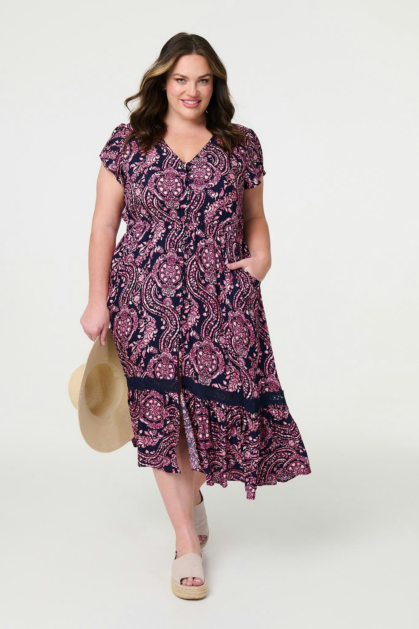 Izabel London Printed Short Sleeve Lace Trim Midi Dress - Navy - 12
