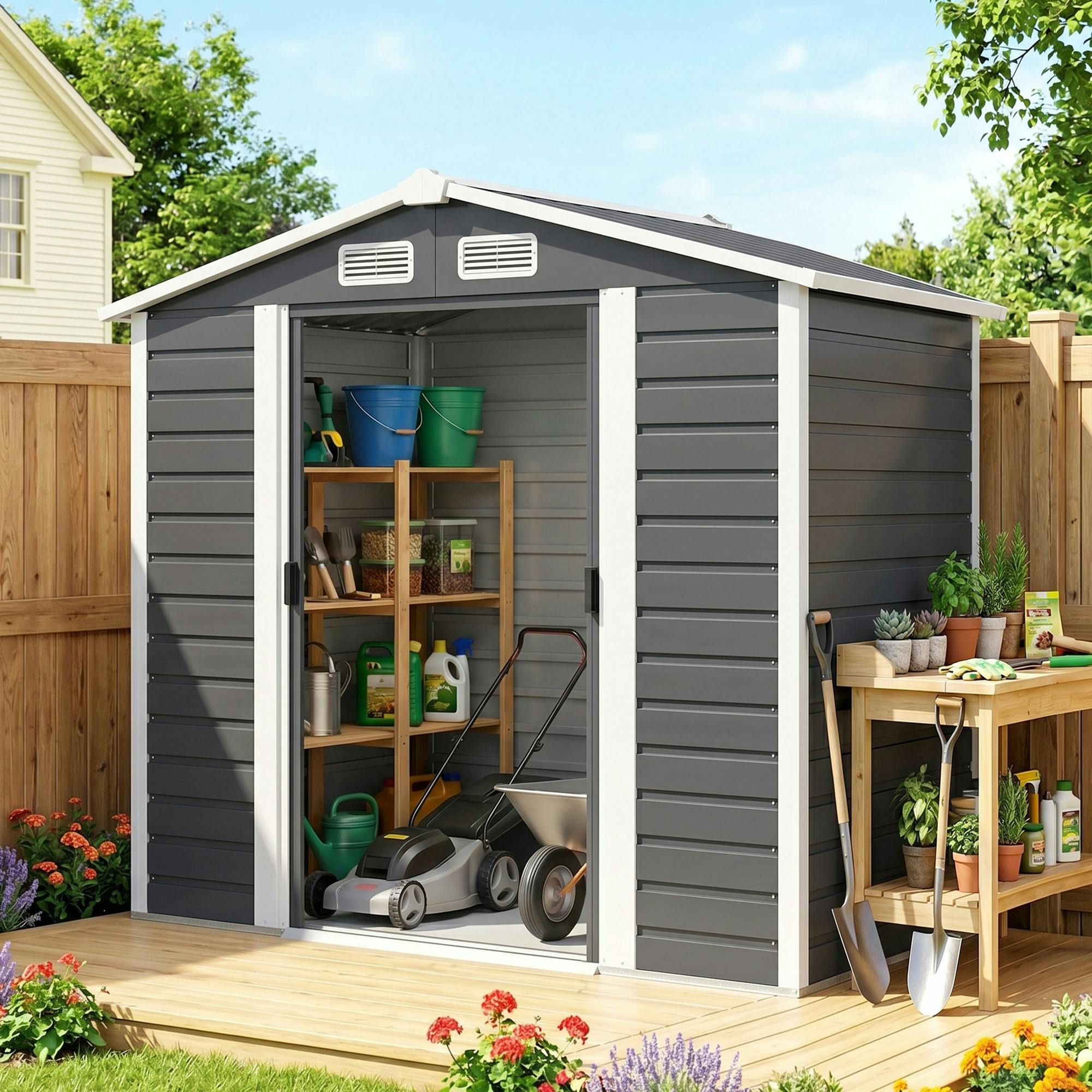 Rackhams Dark/Grey 7 X 4Ft Upgraded Metal Shed With Lock, Easy To Assemble,