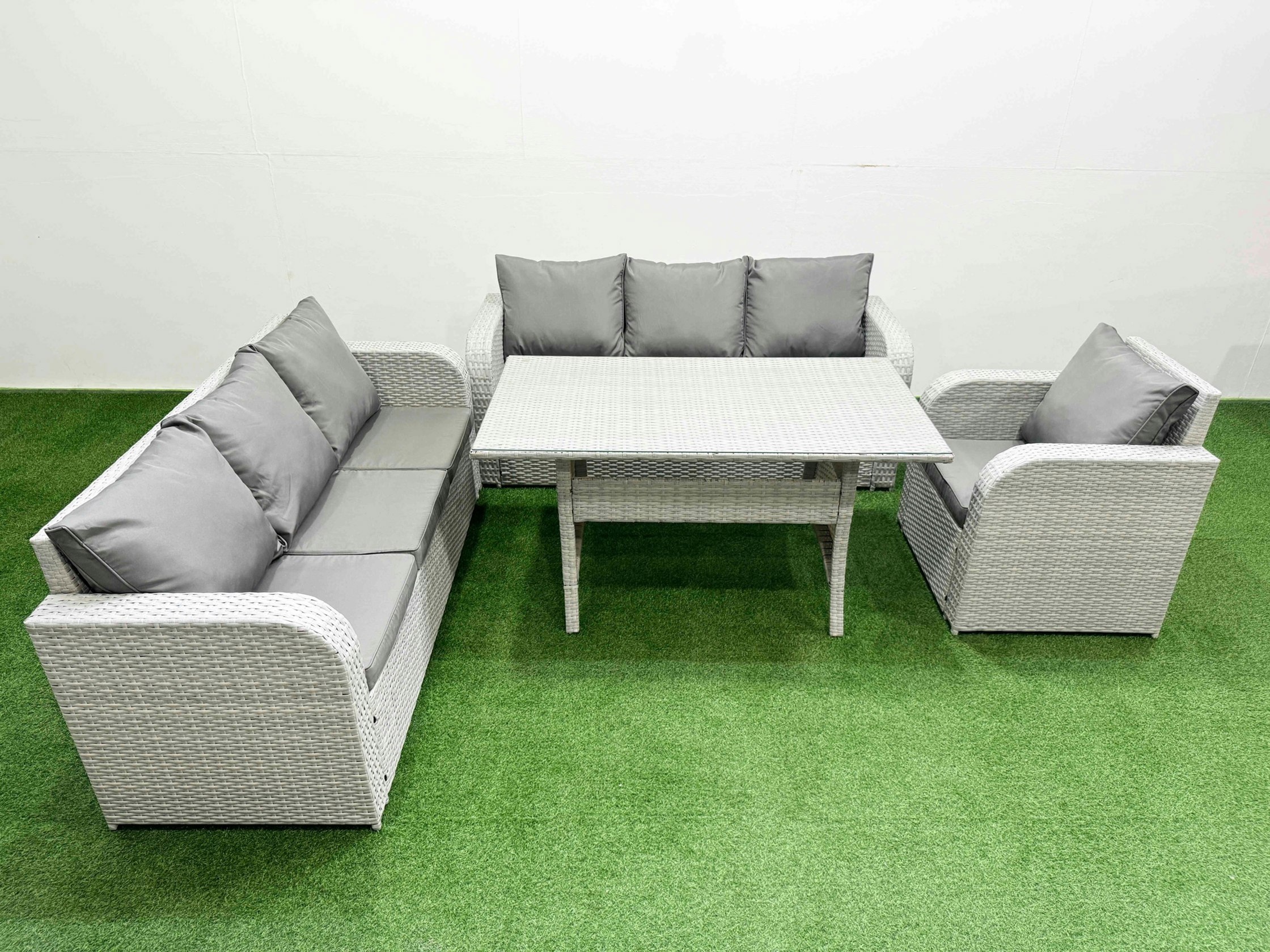Rackhams Light/Grey 7 Seater Poly Rattan Outdoor Garden Furniture Rectangular Dining Table Sofa Set Patio 3 Seater Sofa Reclining Chair 3 Seater Sofa