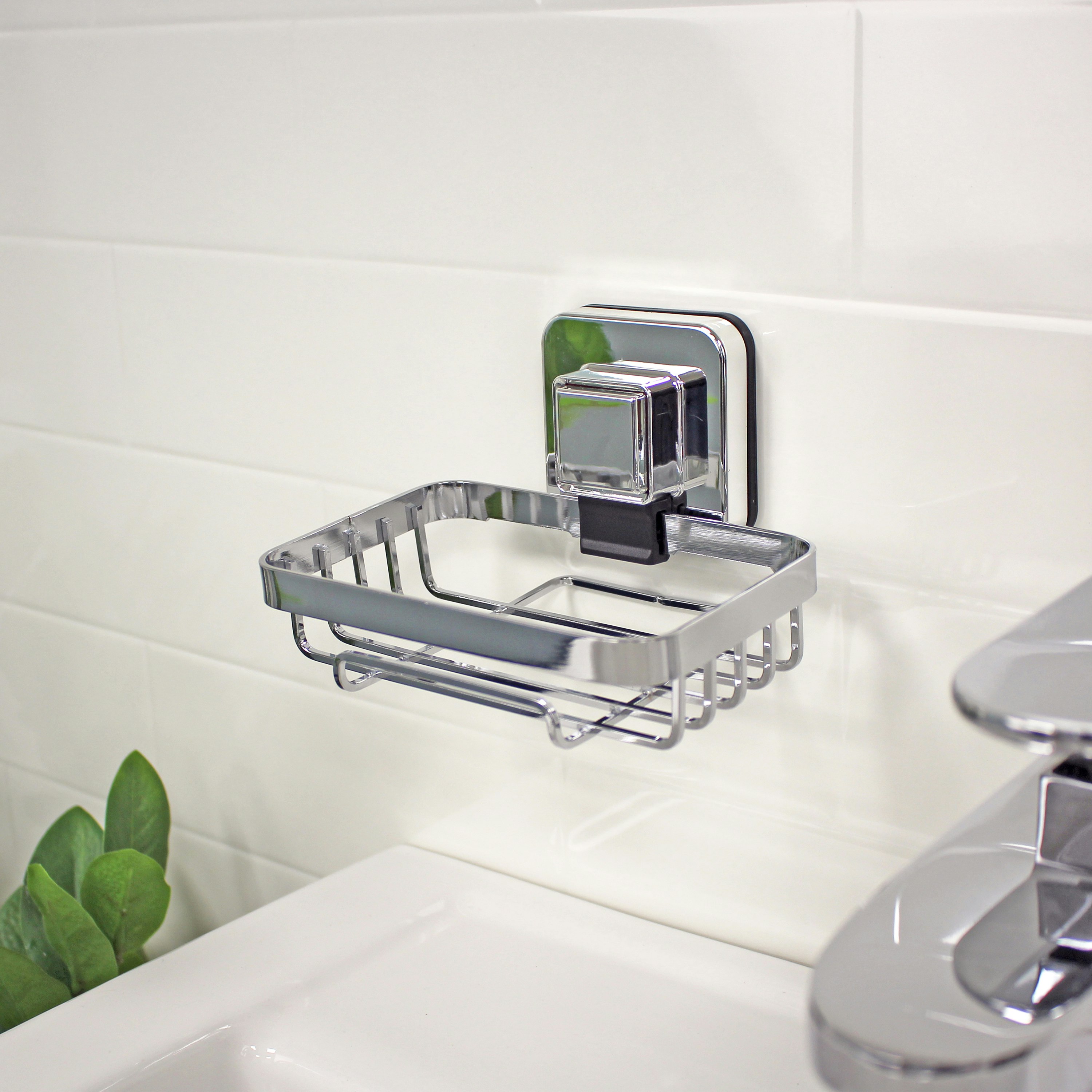 Showerdrape Red Pushloc Stainless Steel Suction Wall Mounted Soap Basket