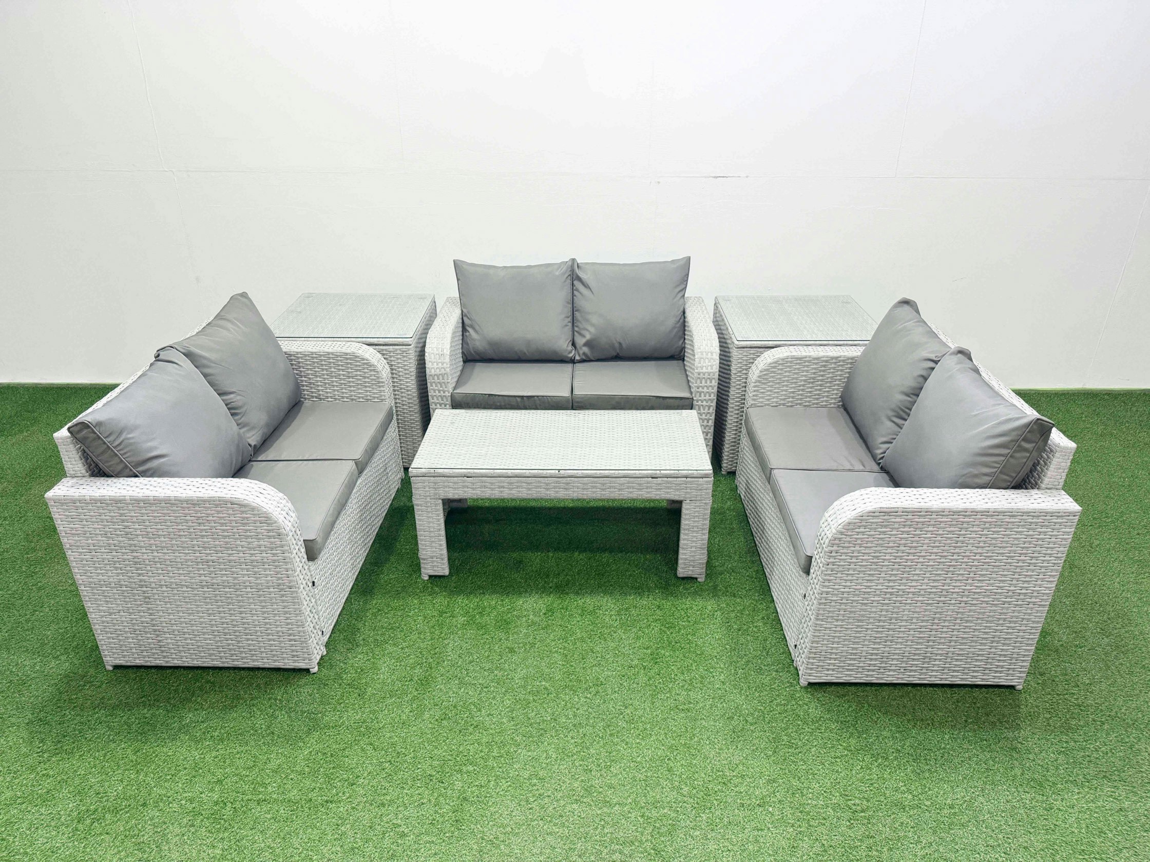 Rackhams Light/Grey 6 Seater Pe Wicker Rattan Furniture Sofa Sets With Oblong Coffee Table 2 Seater Love Sofa 2 Side Table