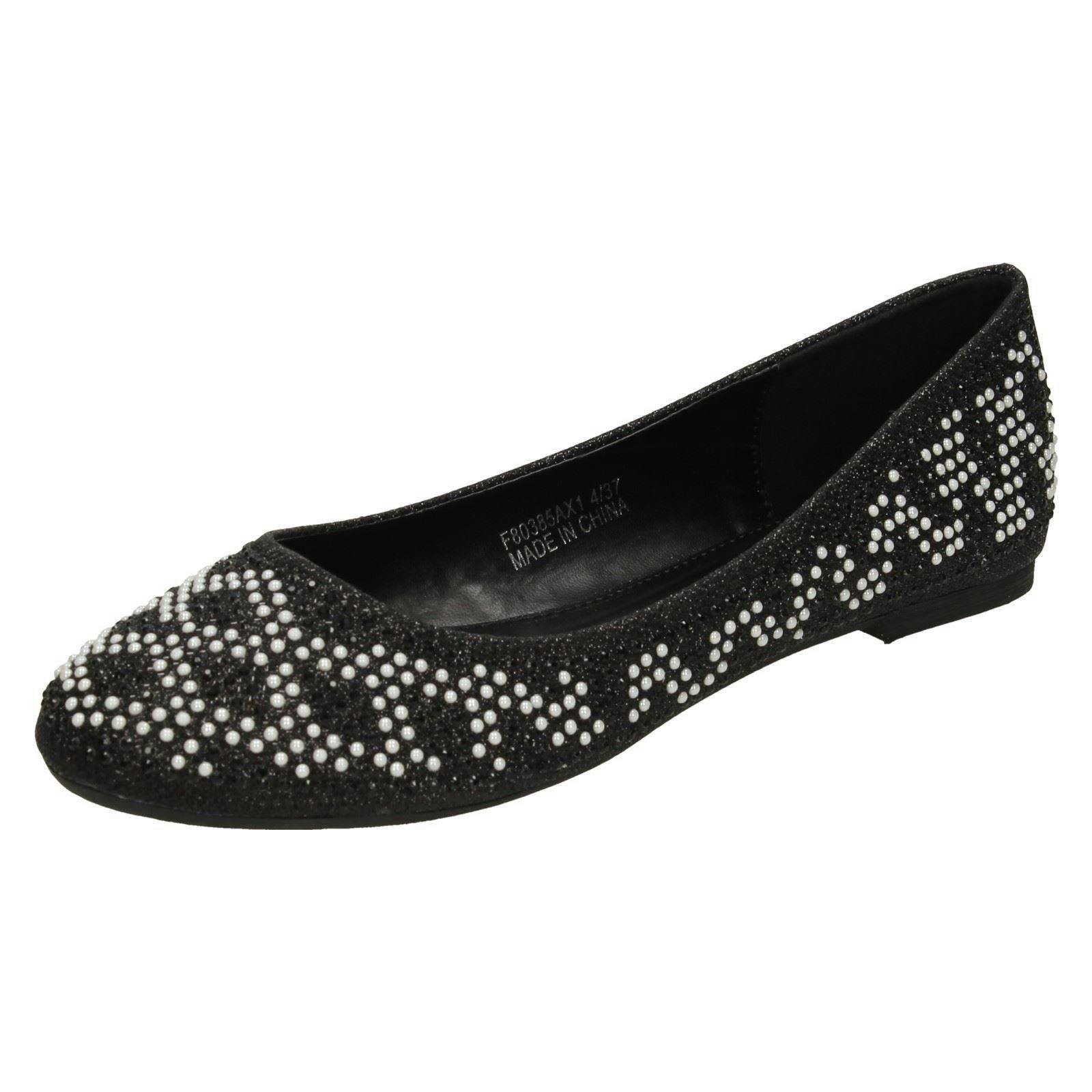 Spot On Women's Black Diamante Bead Ballerinas F80385 - Uk 5