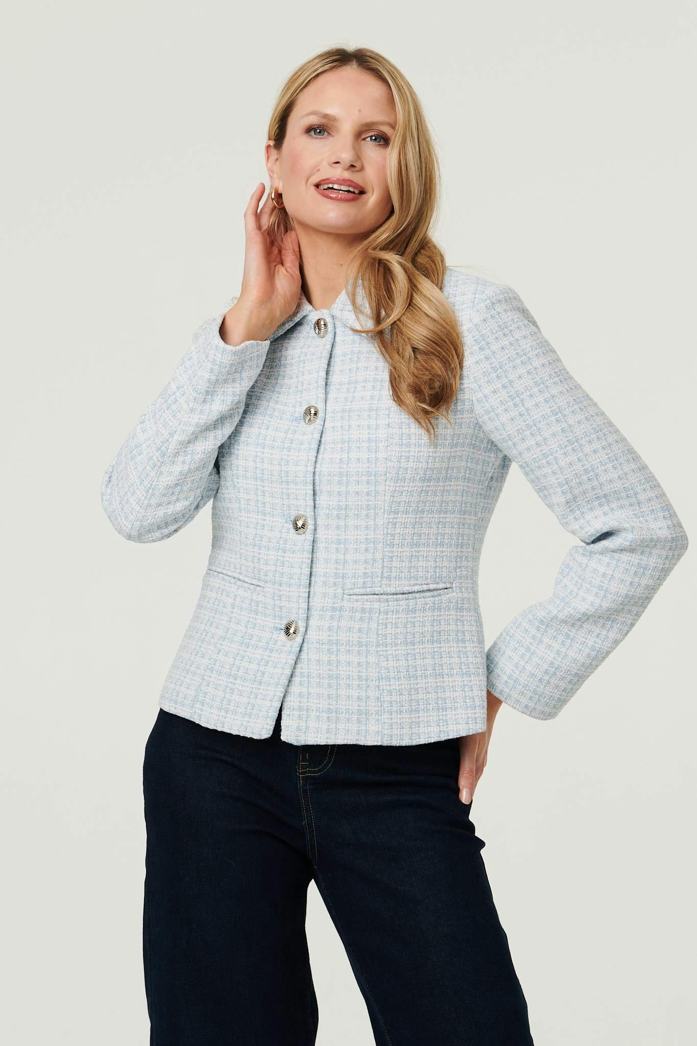 Izabel London Blue Textured Button Detail Fitted Jacket - 12