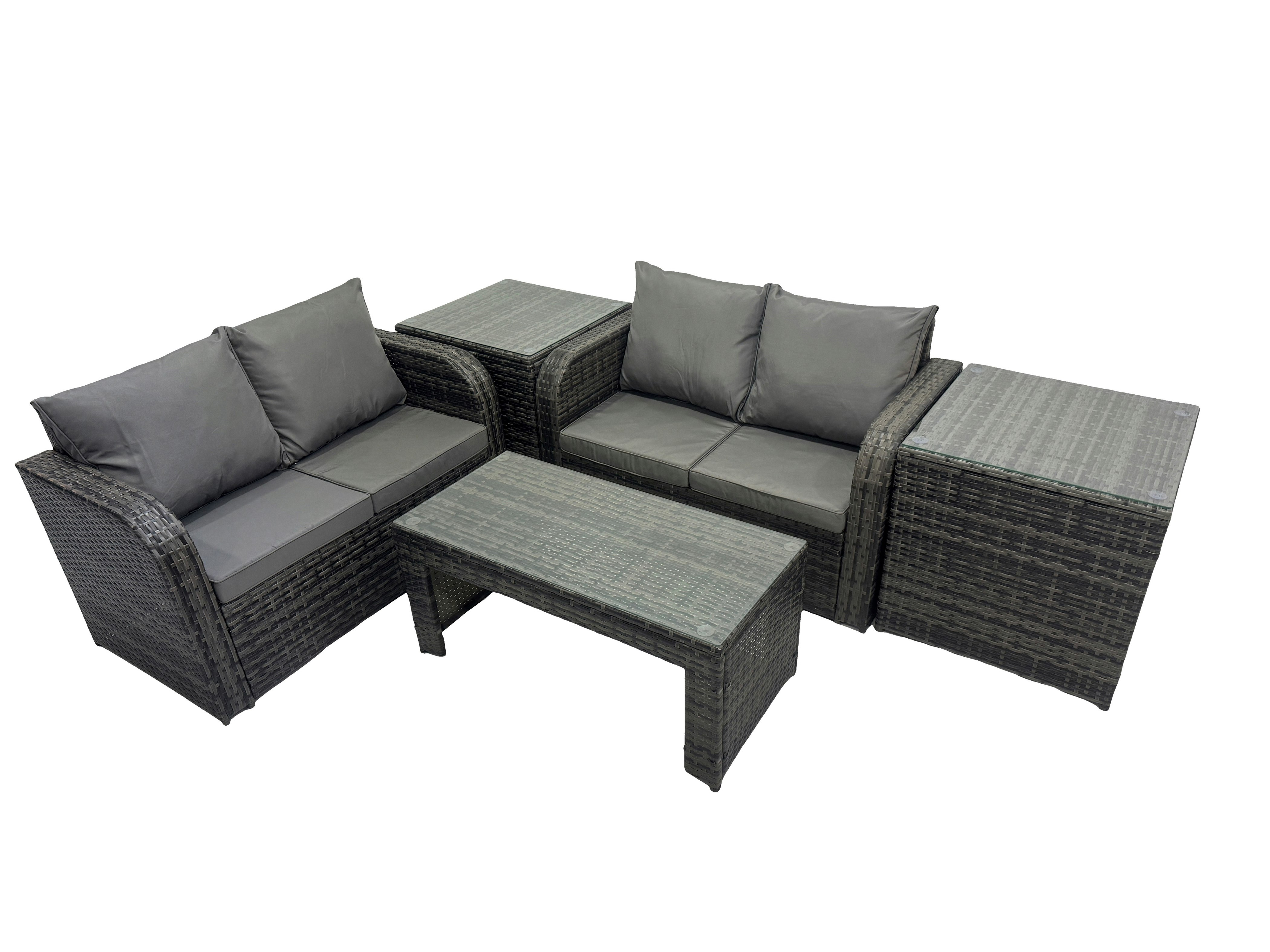 Rackhams Dark/Grey 3 Seater Sofa Reclining Chair Coffee Table Set Rattan Garden Outdoor Furniture Set With 2 Side Tables Mixed