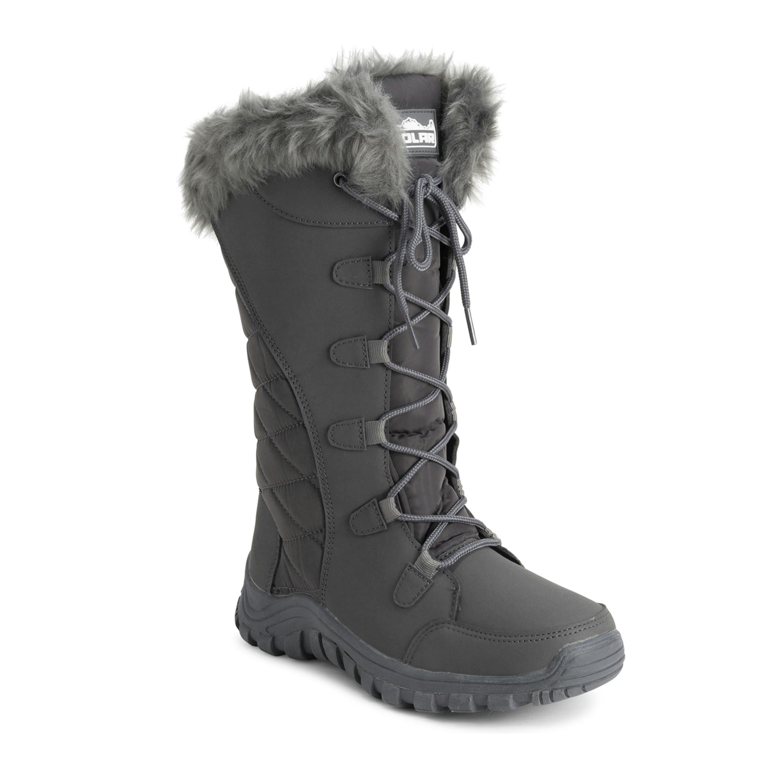 Viva Women's Black/Grey Quilted Lace Up Waterproof Outdoor Cuff Snow Rain Boot - 6 - Nylon Tall