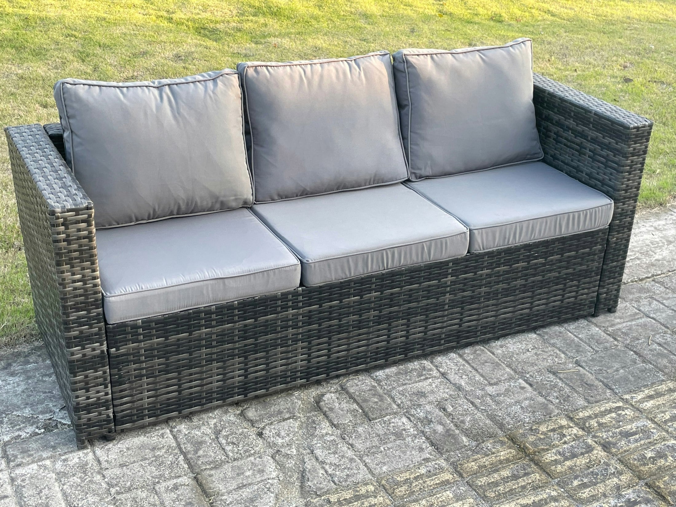Rackhams Dark/Grey Rattan Garden Furniture Set Patio Outdoor Lounge Sofa Set With Armchair Square Coffee Table Big Footstool Mixed