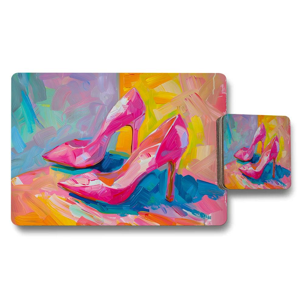 Benjamin Tate Design Pink/Blue/Yellow Abstract High Heel Shoes Placemat And Coaster Set In Vibrant Colors