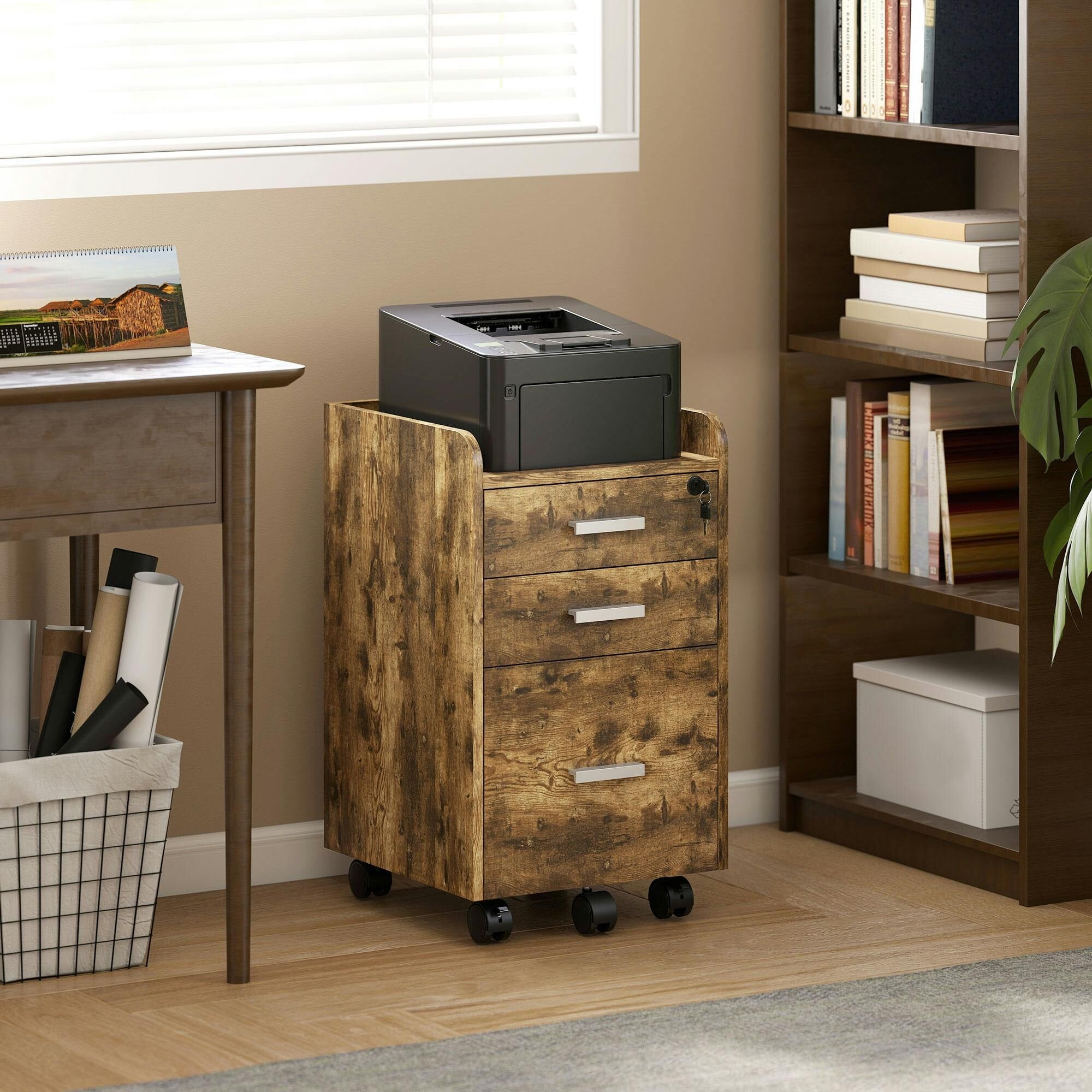 Homcom Brown Mobile Filing Cabinet, Lockable File Cabinet With 2 Keys Rustic - 65.4