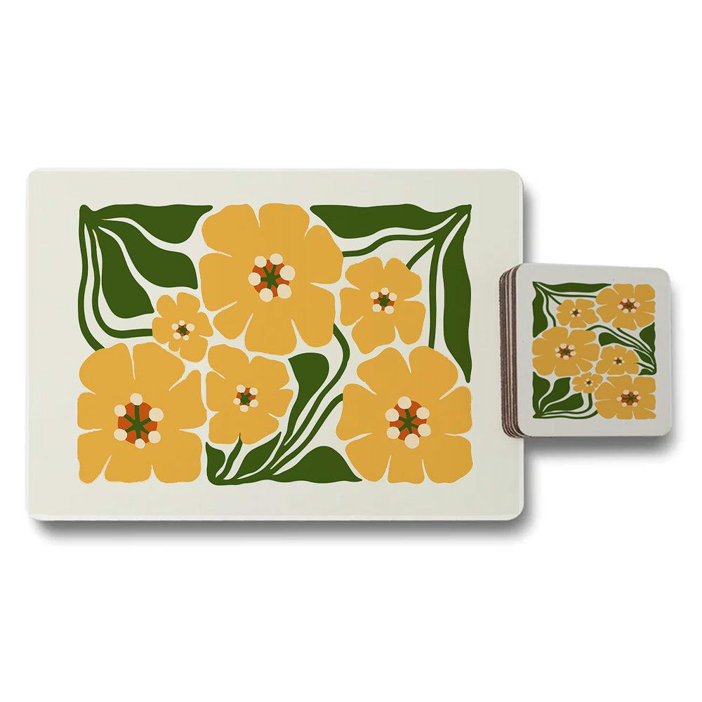 Rackhams Yellow Set Of 12 Floral Placemats And Coasters With Wood Bottom