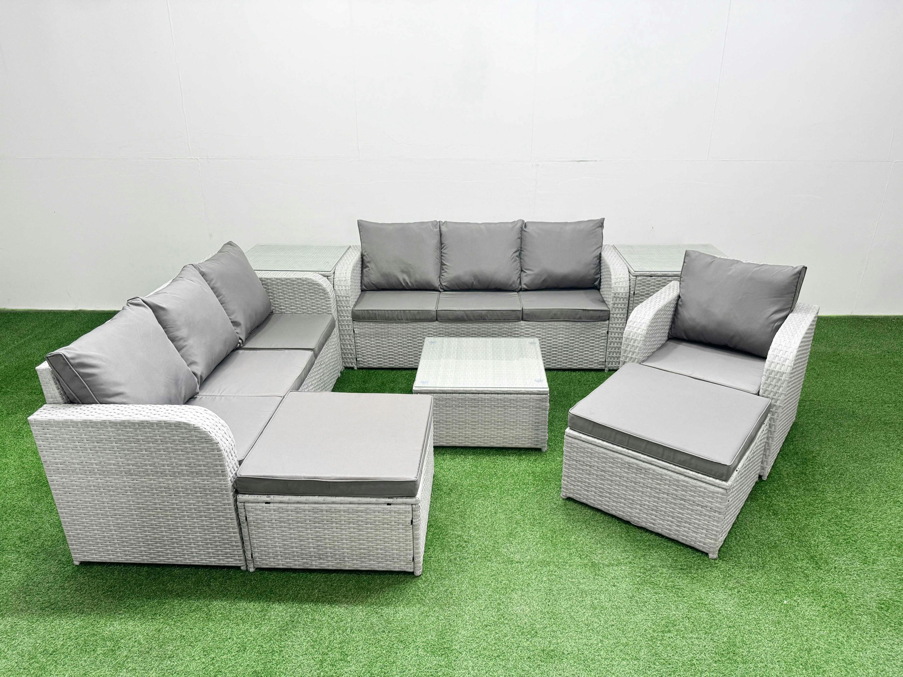 Fimous Light/Grey/Dark 9 Seater Outdoor Rattan Set, Poly Rattan, Square Coffee Table, 3 Seater Sofas, Reclining Chair, 2 Big Footstools & 2 Side Tables
