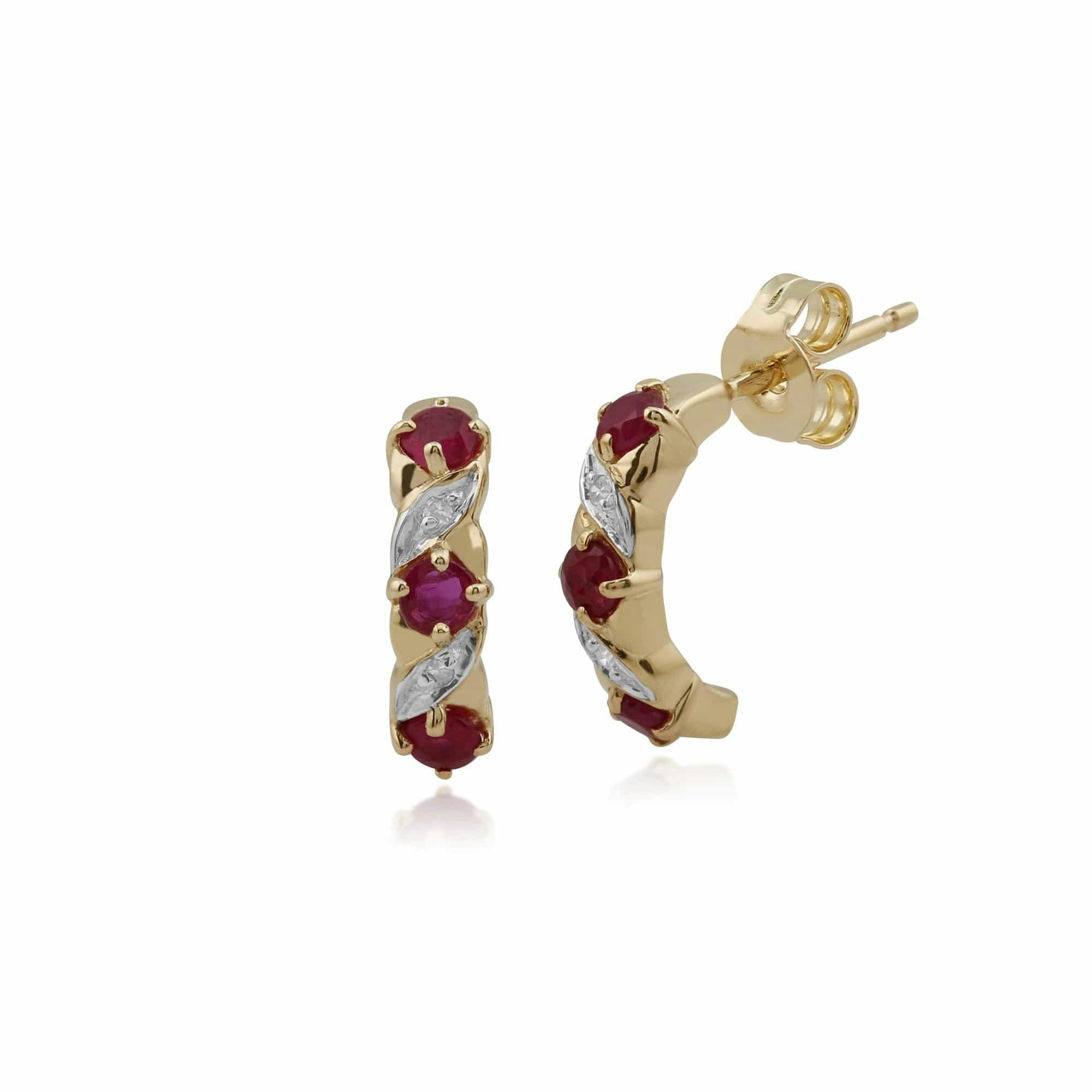 Gemondo Gold Art Nouveau Style Ruby & Diamond Half Hoop Earrings In 9Ct