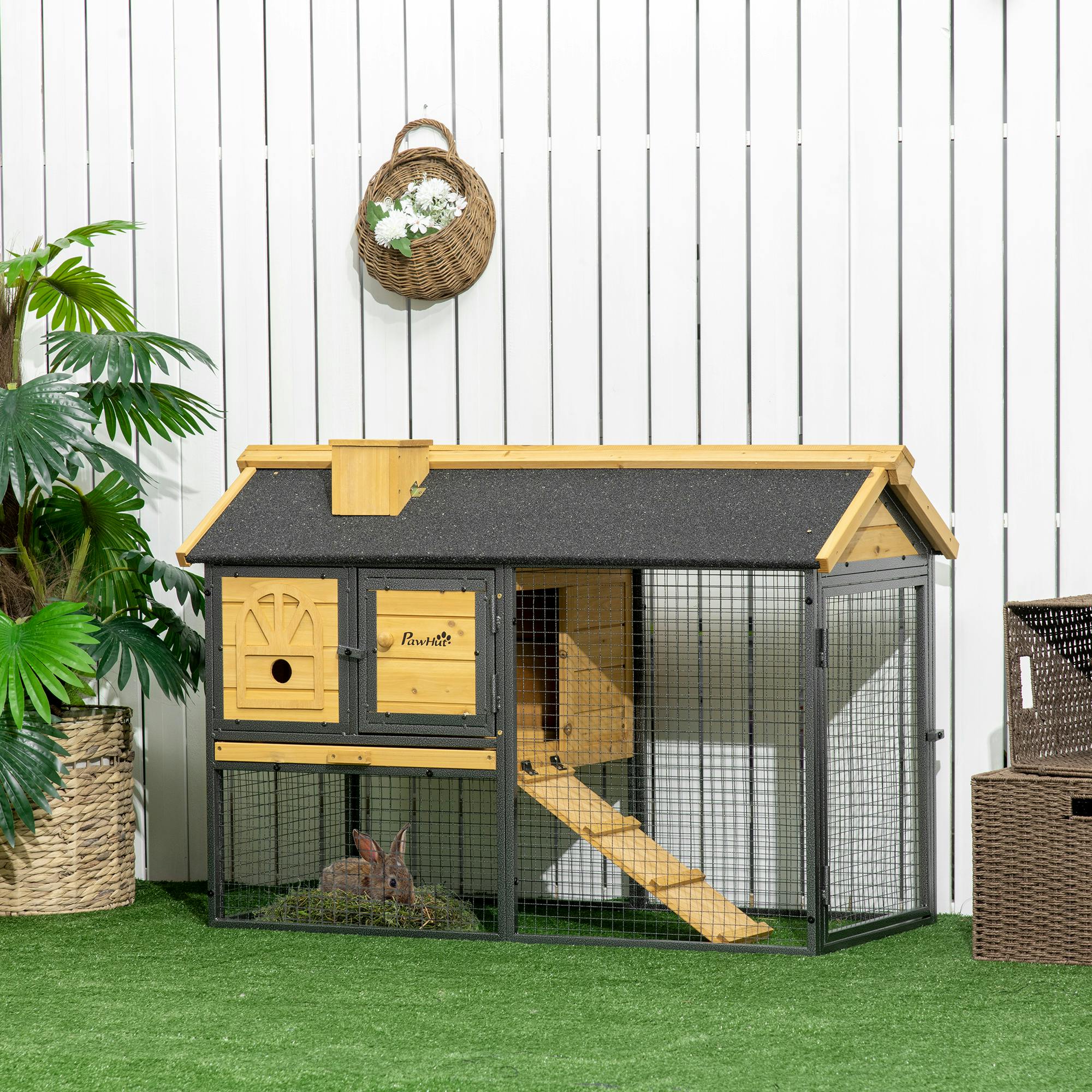 Pawhut Rabbit Hutch Outdoor Bunny Cage W/ Run, Removable Tray, 120 X 55.5 X 80Cm