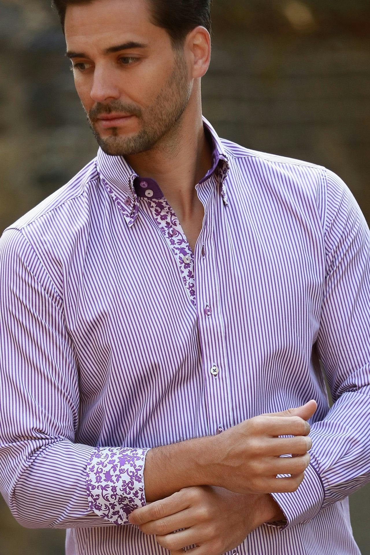 Claudio Lugli White/Purple Stripe Double Collar Print Shirt - Medium