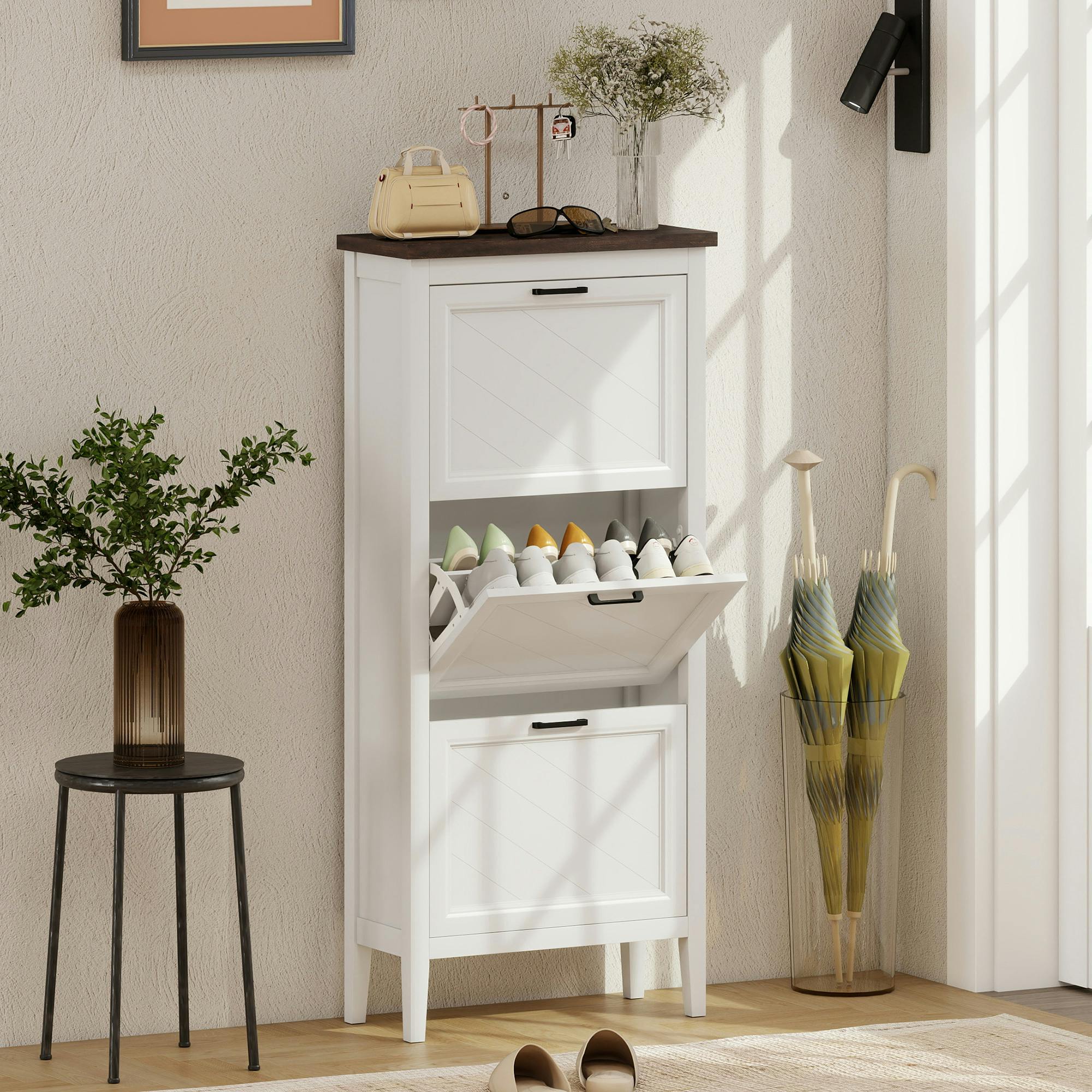 Rackhams White Shoe Cabinet With 3 Flip Drawers, Narrow Shoe Storage Cabinet - 60 X 26.5 X 133.7 Cm - Melamine And Painted Coating