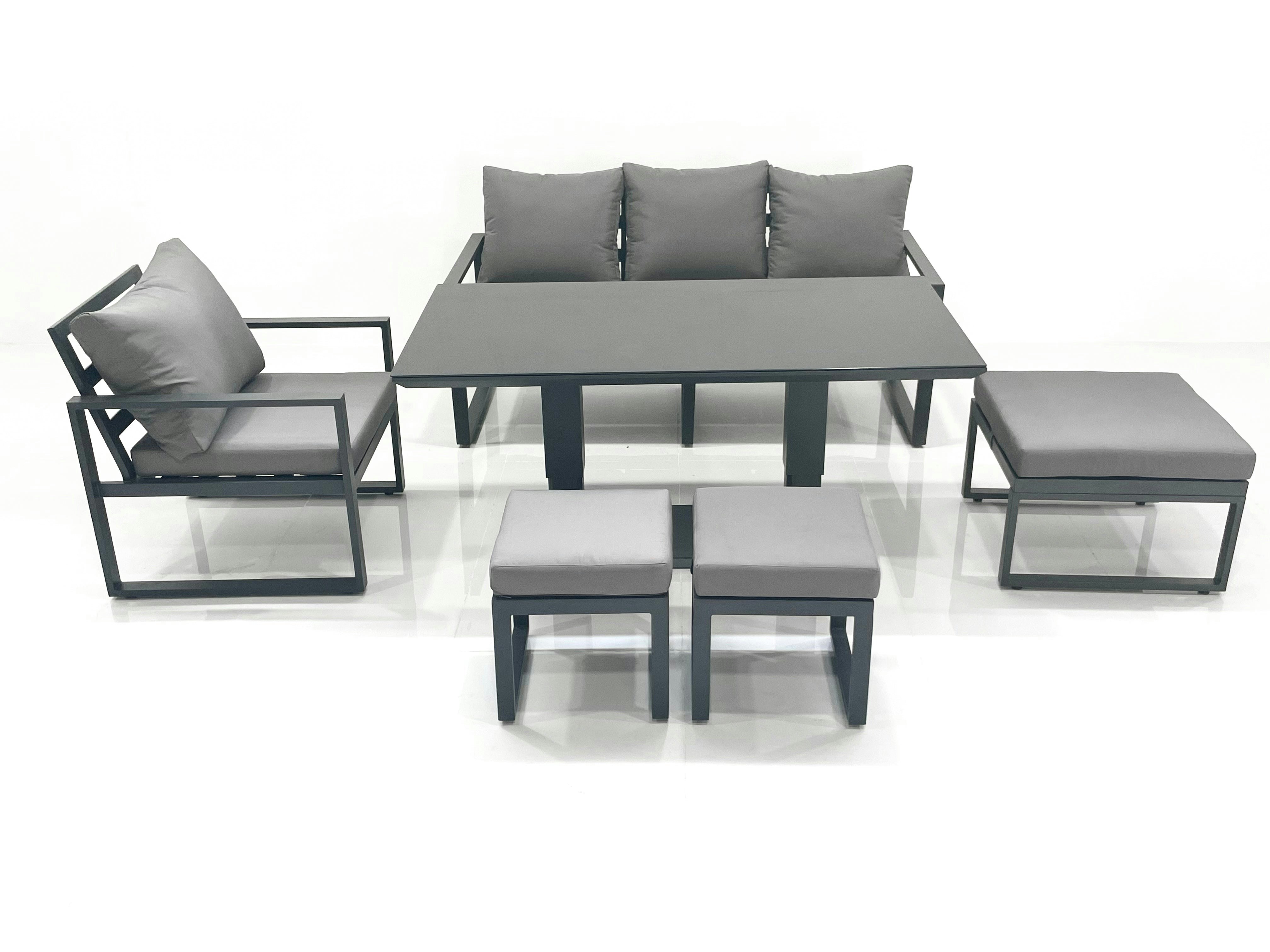 Rackhams Dark/Grey Outdoor Aluminium Garden Furniture Set With Adjustable Rising Lifting Dining Table 3 Seater Sofa Chair 3 Footstools