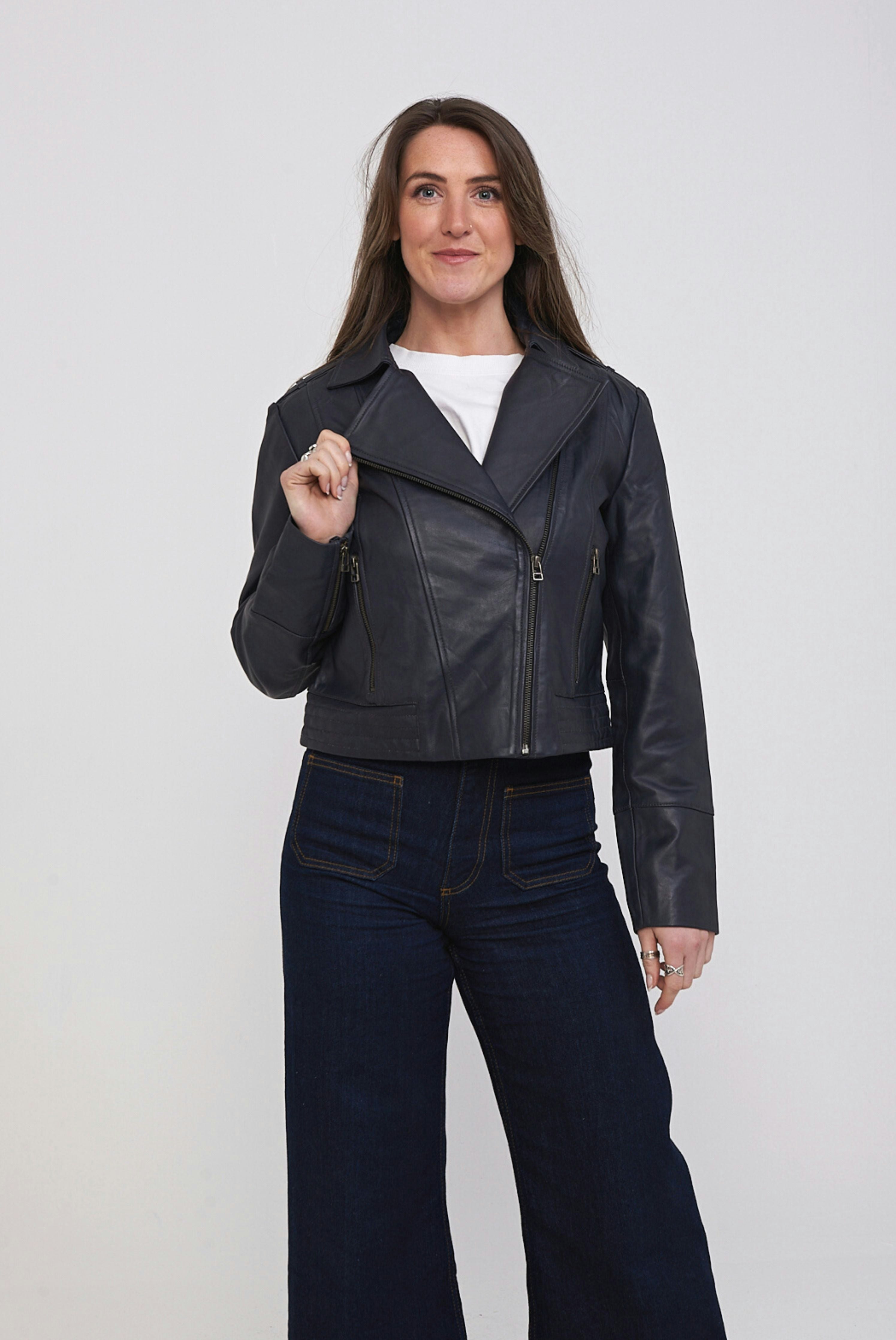 Elle Women's Blue Armin Leather Biker Jacket - 18