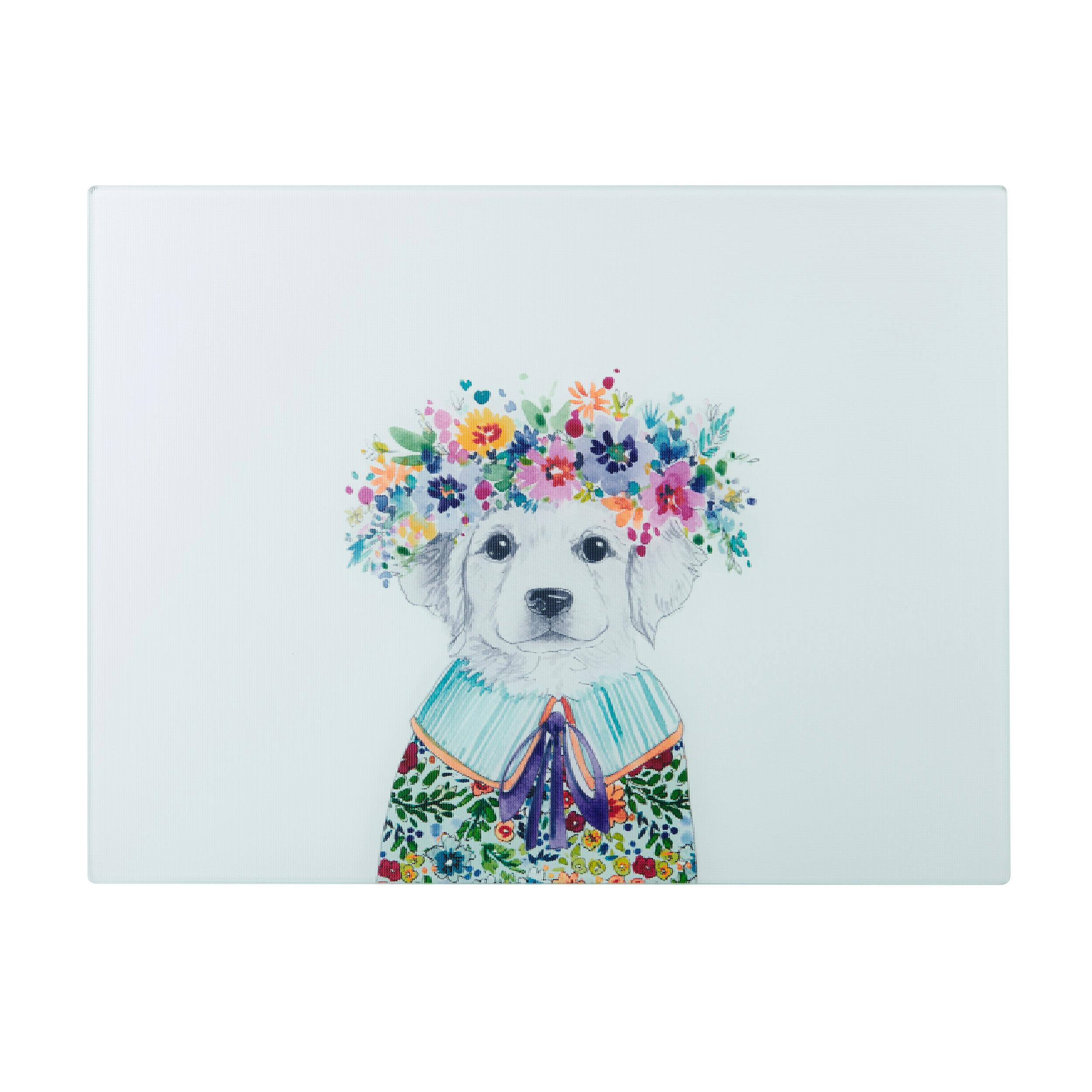 Rackhams White Tipperleyhill Glass Work Surface Protector, Puppy Print, 40 X 30Cm - Glass - Worksurface Protector