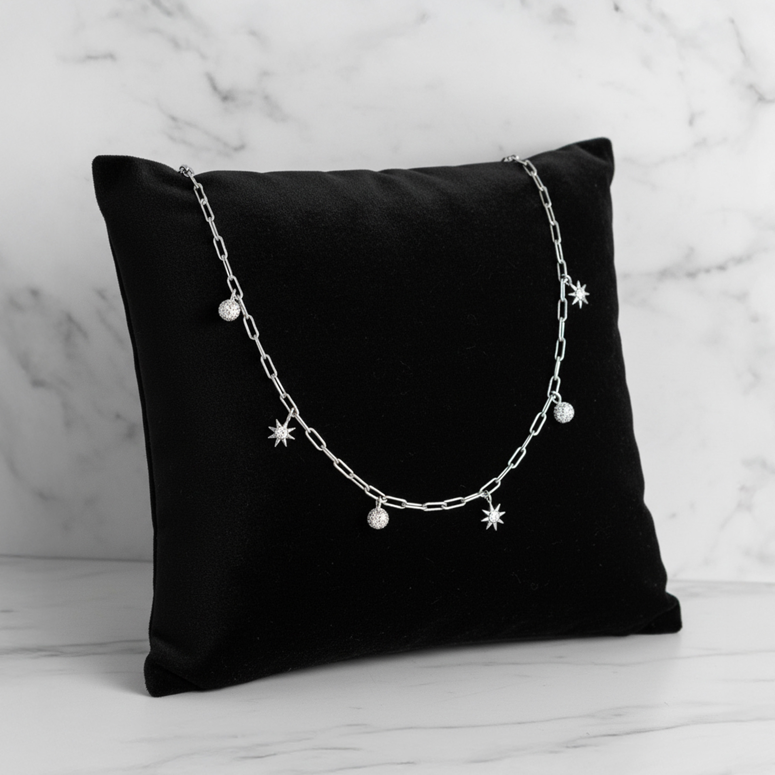 Muchv Silver Chain Choker With Moon And Star Charms