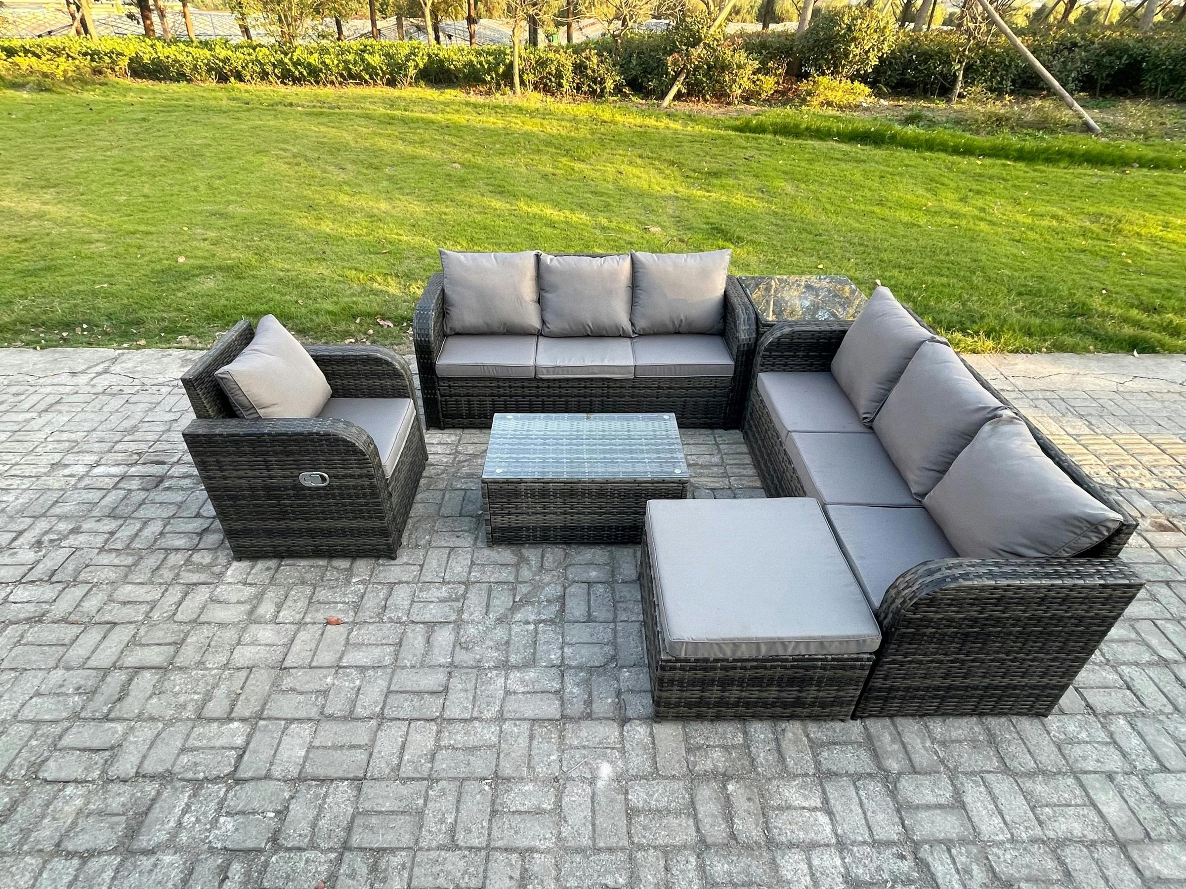 Rackhams Dark/Grey 8 Seater Rattan Garden Set, Sofa, Patio Table, 3 Seater Sofa, Reclining Chair, 3 Seater Sofa, Big Footstool And Side Table, Mixed