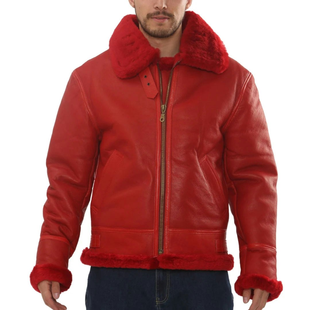 Infinity Leather Men's Red Leather Company Shearling B3 Bomber Leather Jacket - Large