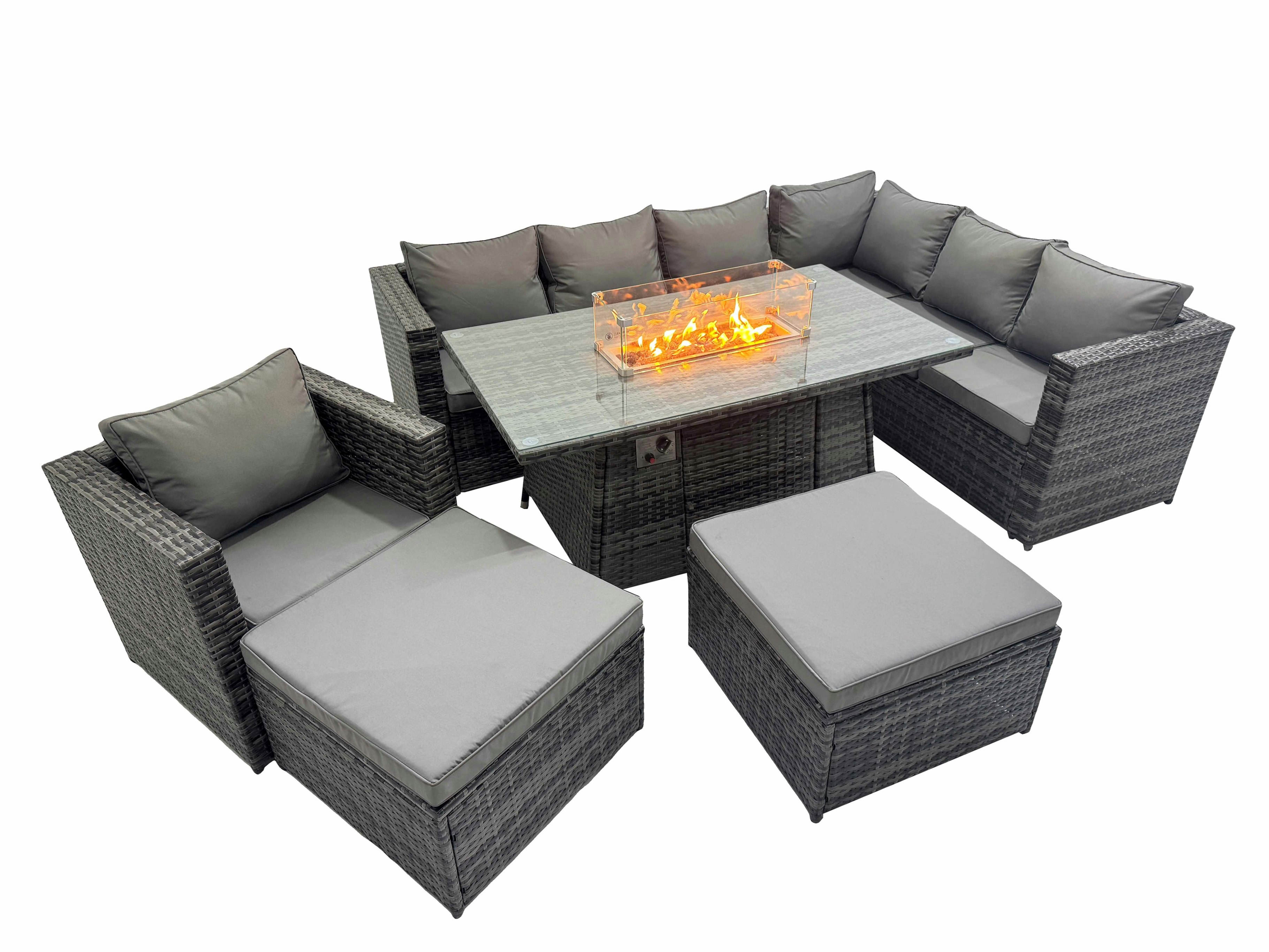 Rackhams Dark/Grey Garden Rattan Furniture Set 9 Seater Outdoor Corner Sofa Chair Gas Fire Pit Dining Table Set With 2 Big Stools