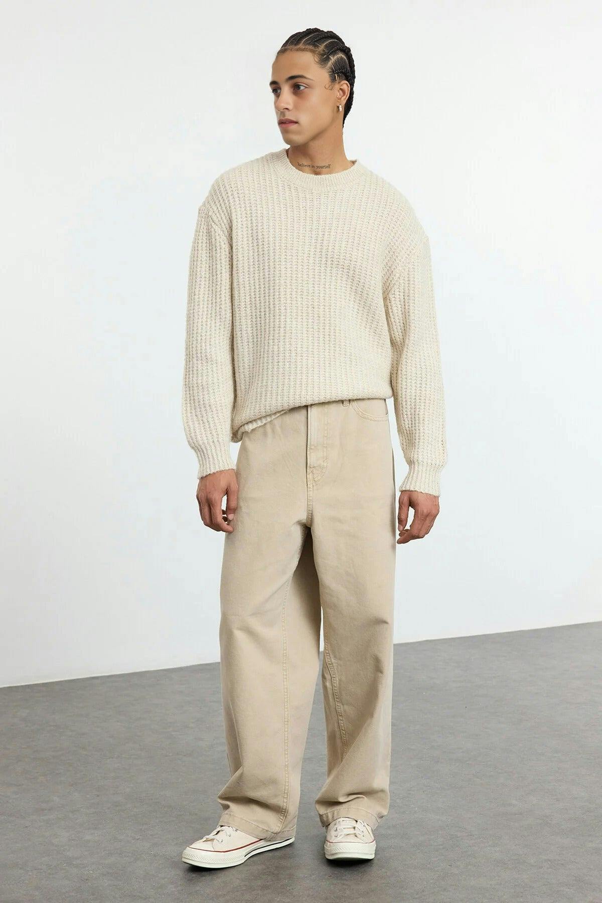 Wovcor Men's Crew Neck Textured Knit Sweater - Stone - L