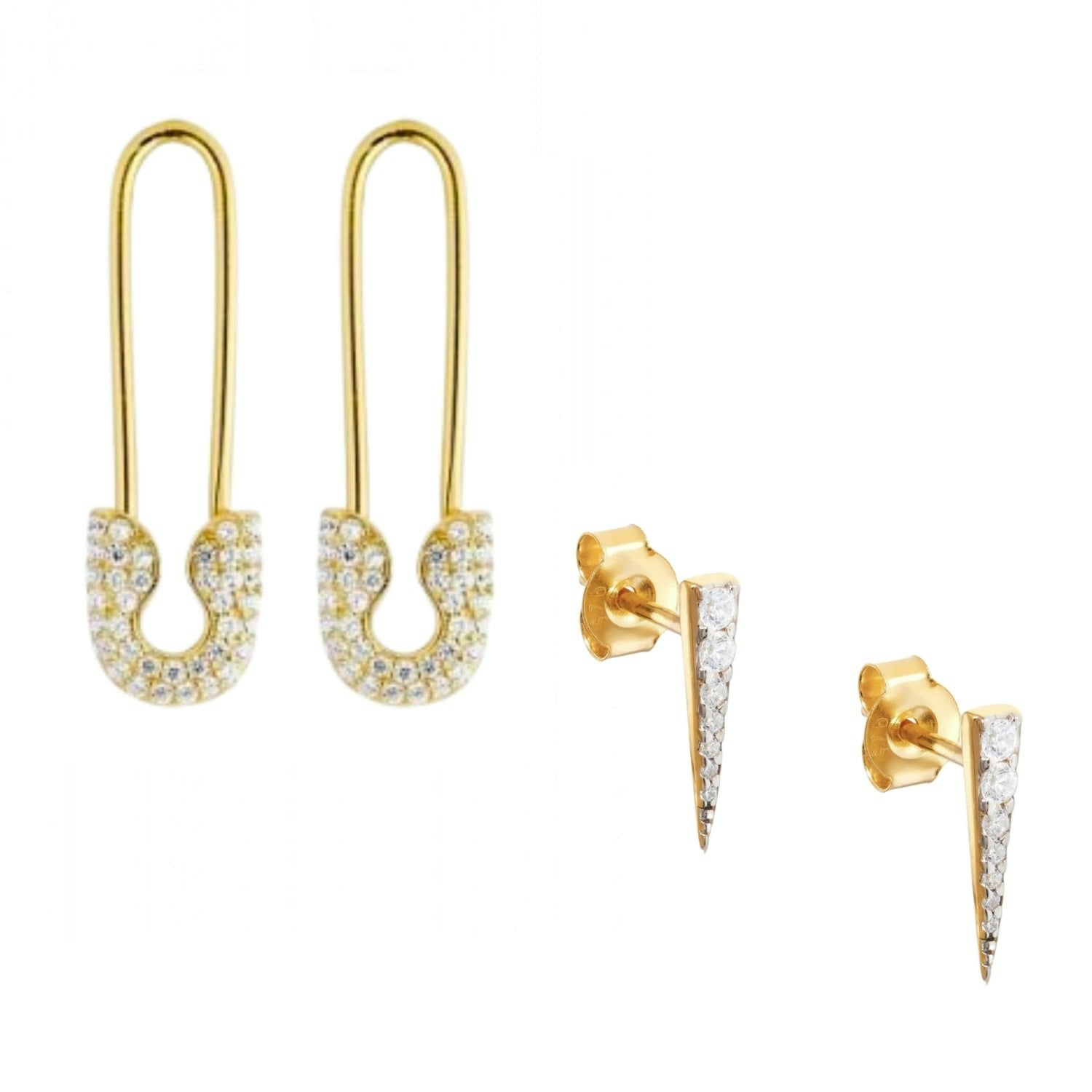 Spero London Gold Long Pave Dagger Stud And Pave Safety Pin Earrings Set