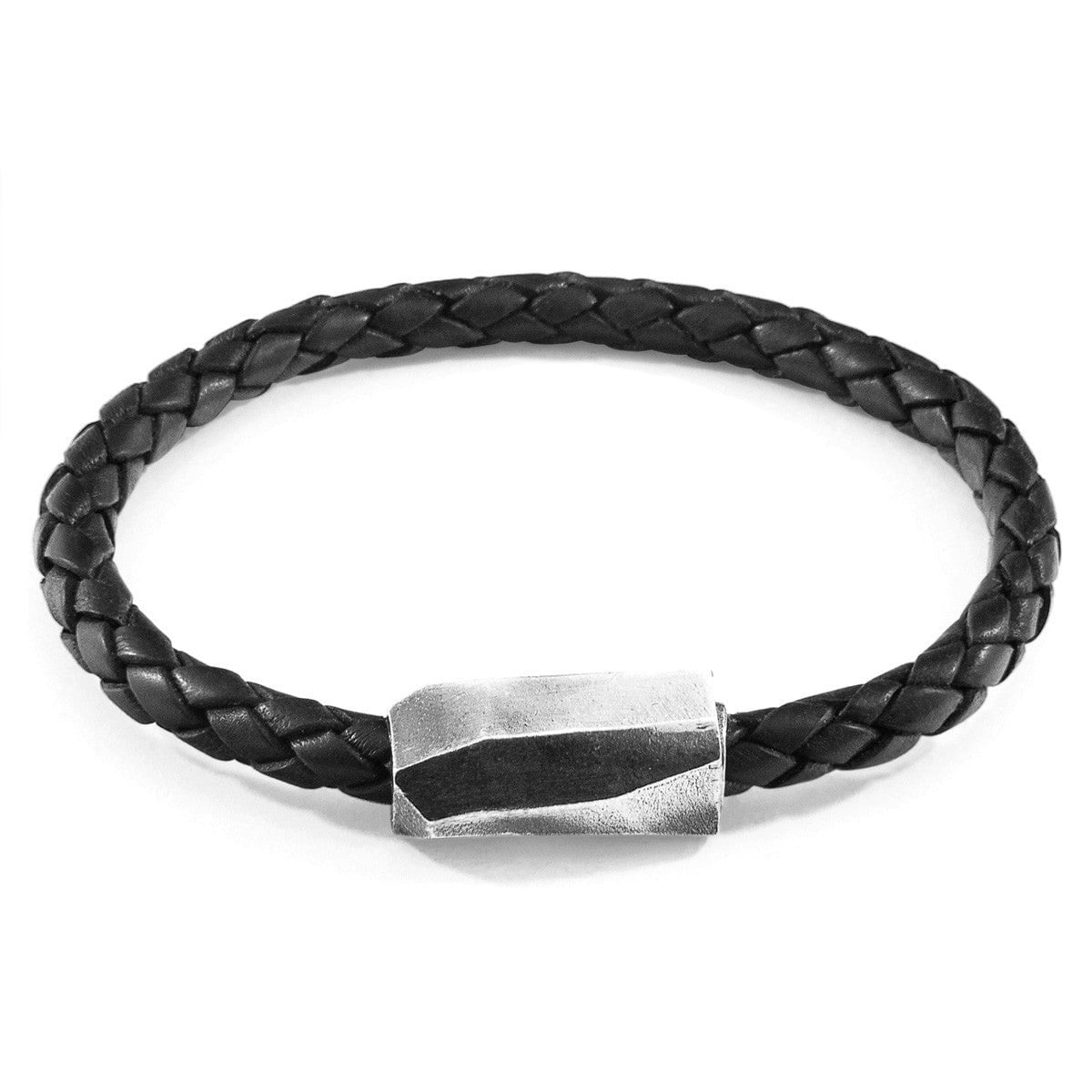 Anchor & Crew Black/Silver Midnight Hayling And Braided Leather Bracelet - S - 19Cm