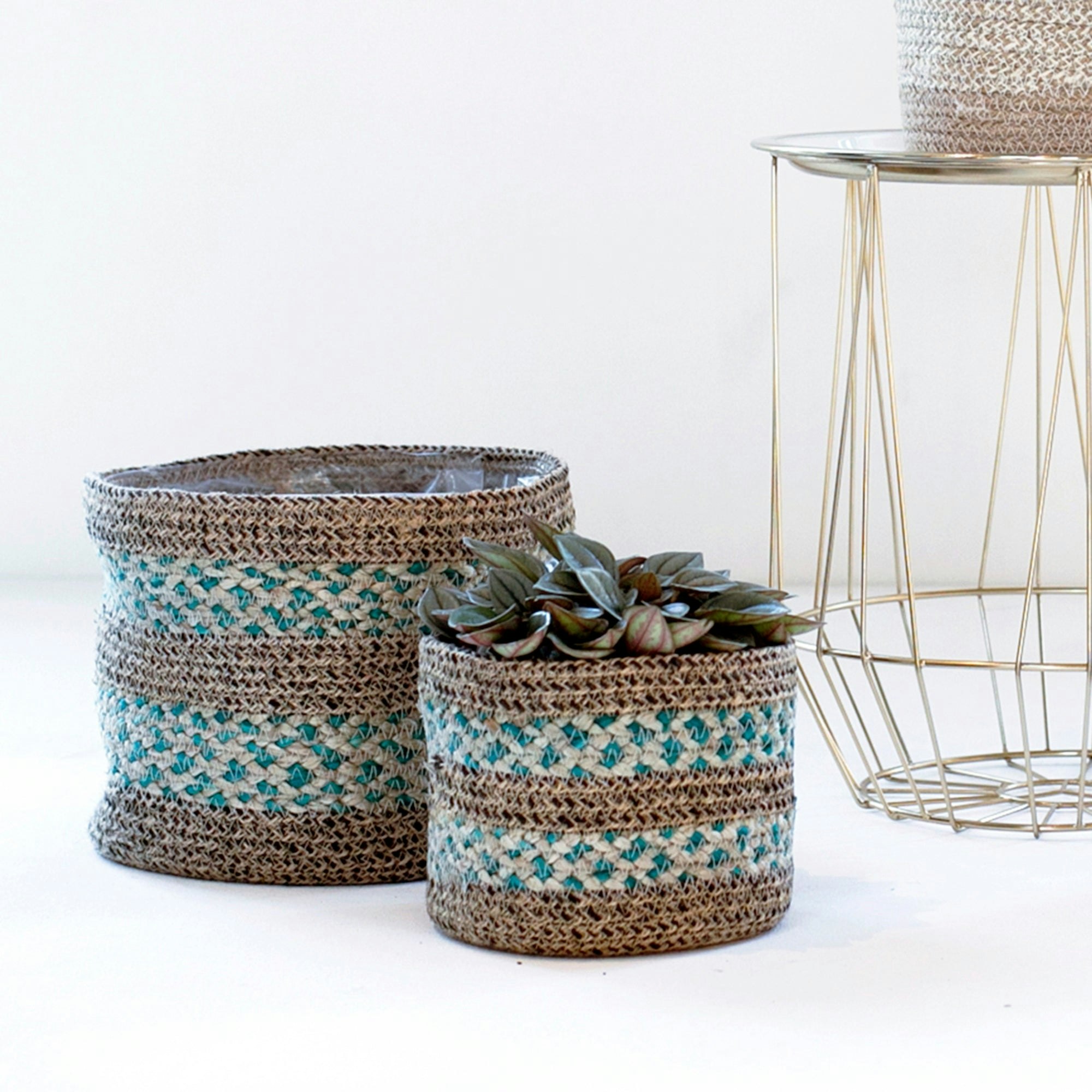 Rackhams Skalo Seagrass Lined Basket Aqua Set Of 3