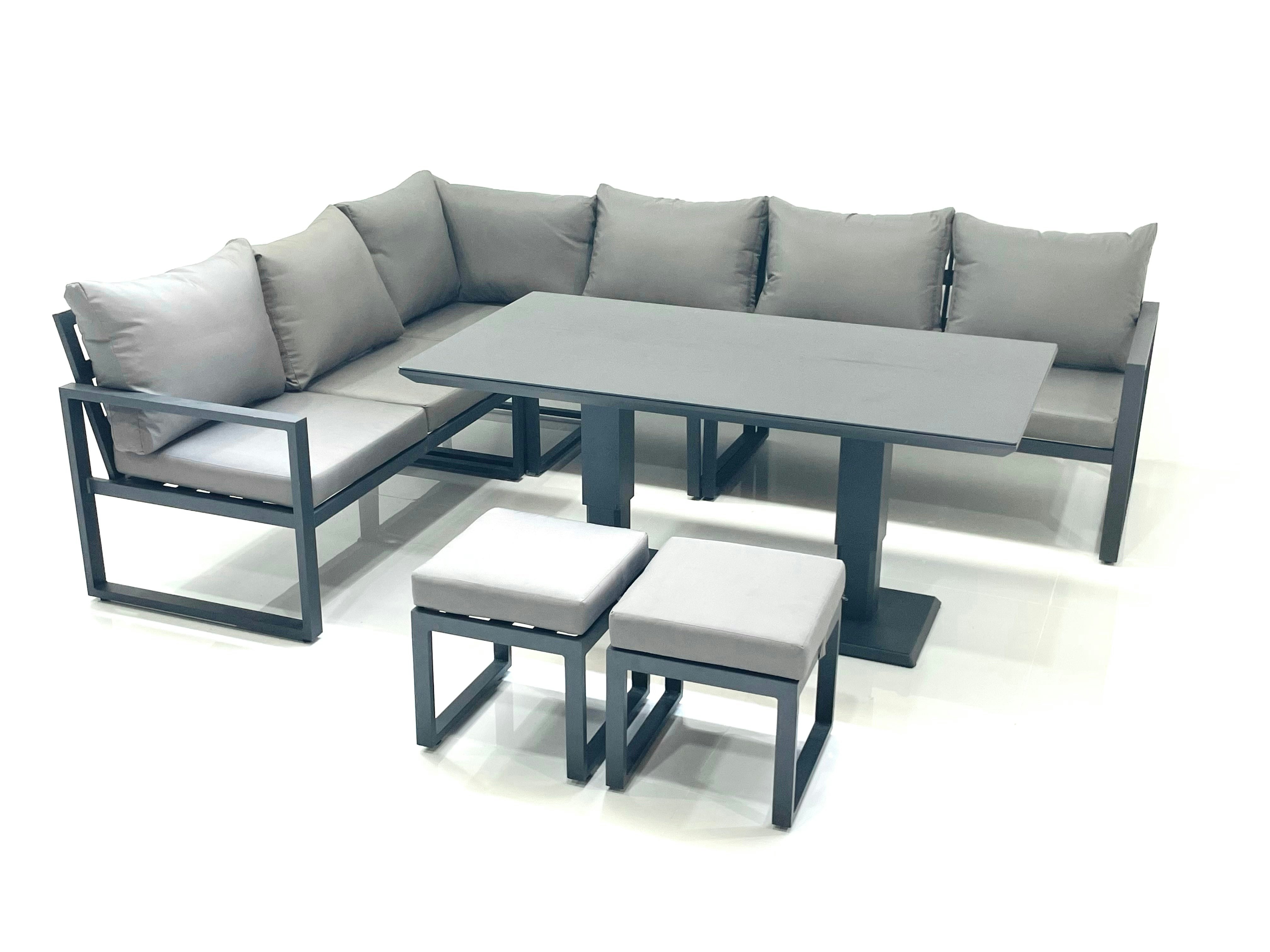 Rackhams Dark/Grey Aluminium Outdoor Garden Furniture Set Corner Sofa 2 Small Footstool Adjustable Rising Lifting Dining Table Sets