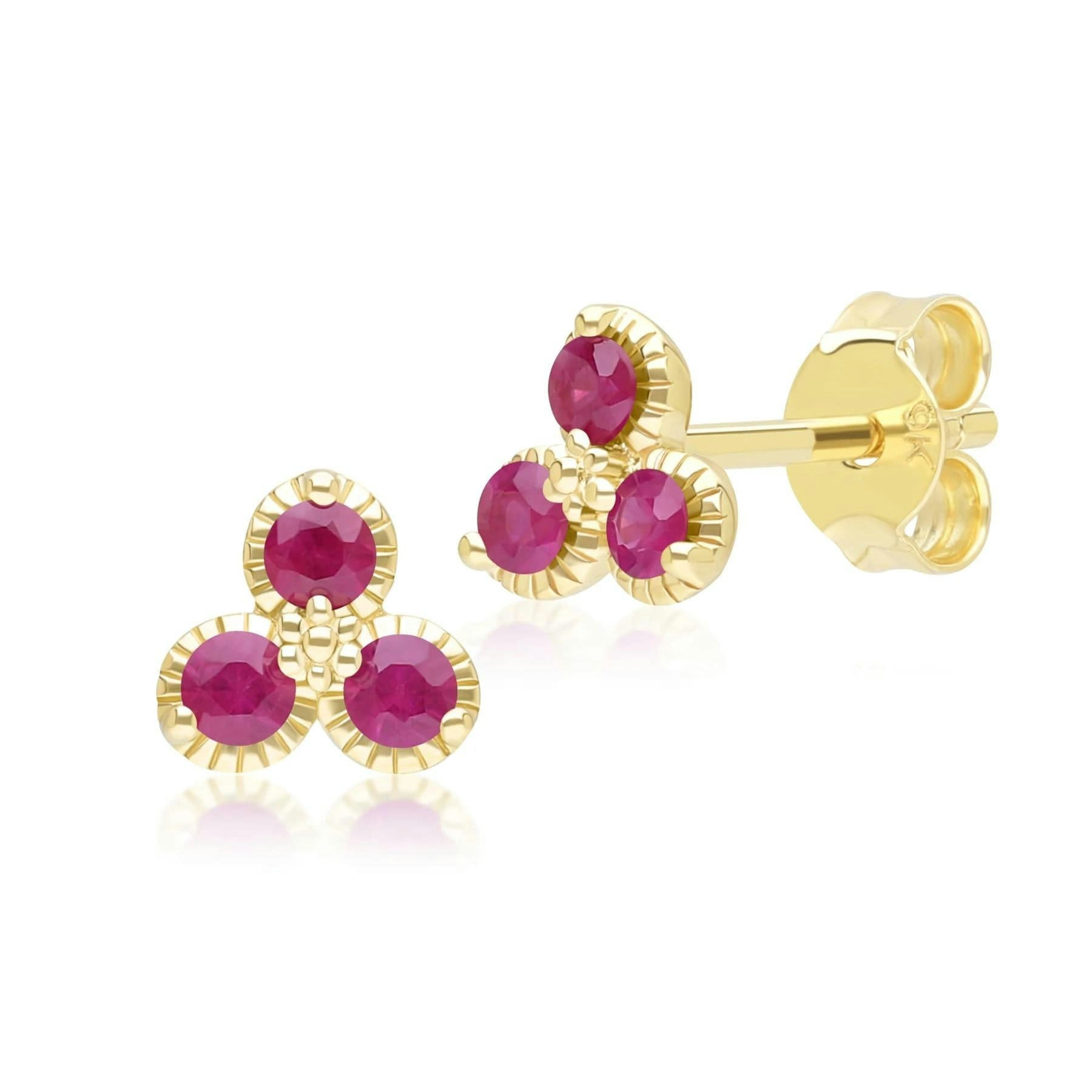 Gemondo Yellow/Gold Floral Ruby Three Stone Stud Earrings In 9Ct