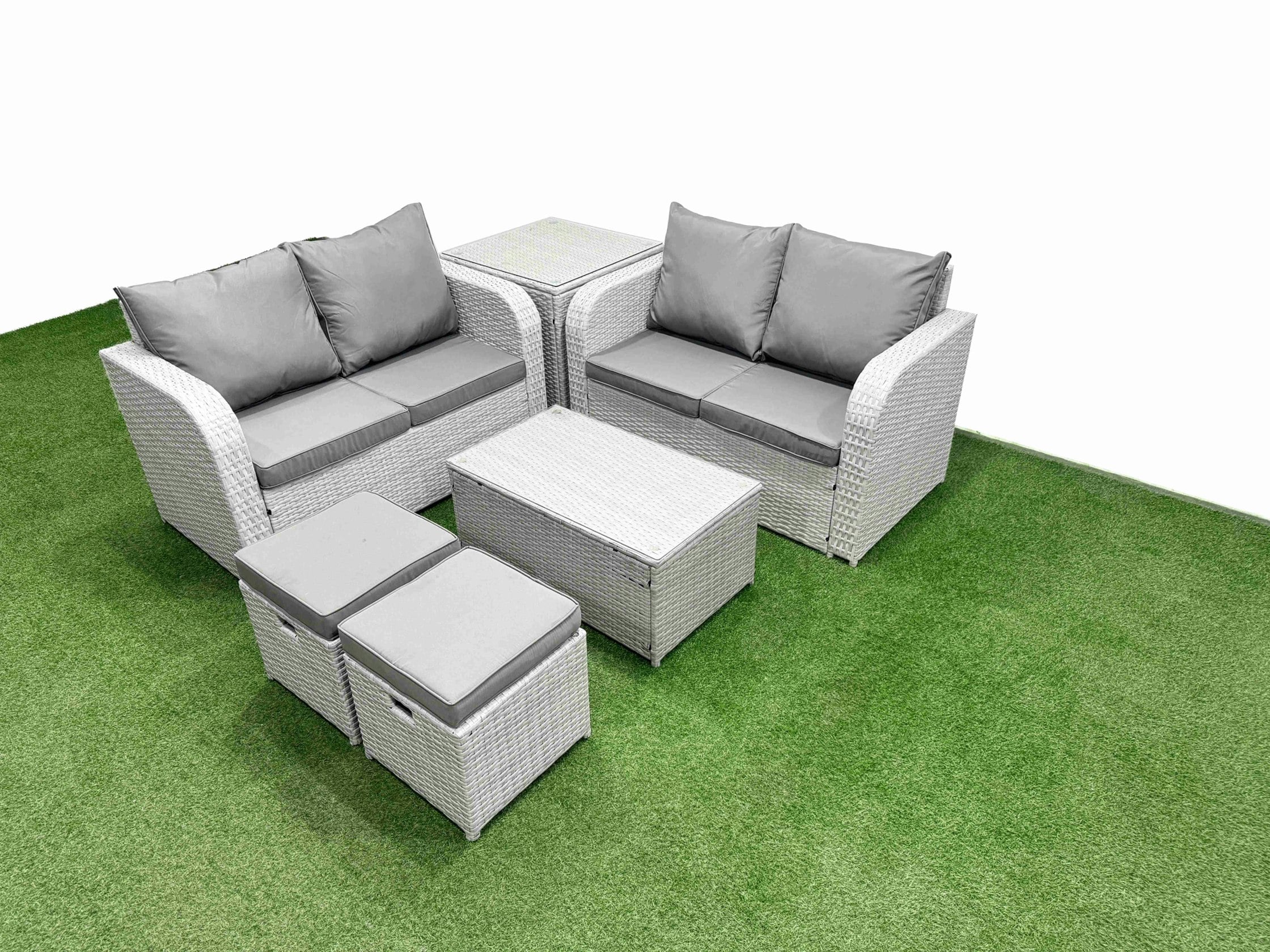 Rackhams Light/Grey 6 Seater Outdoor Love Sofa Set Rattan Garden Furniture Set With Rectangular Coffee Table 2 Small Stools Side Table