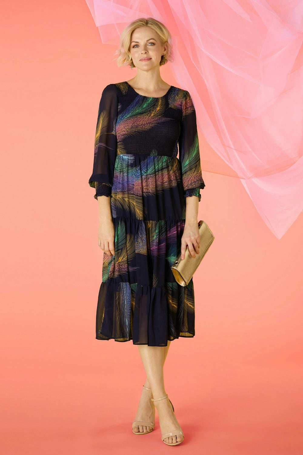 Izabel London Blue Feather Print Midi Smock Dress - 8