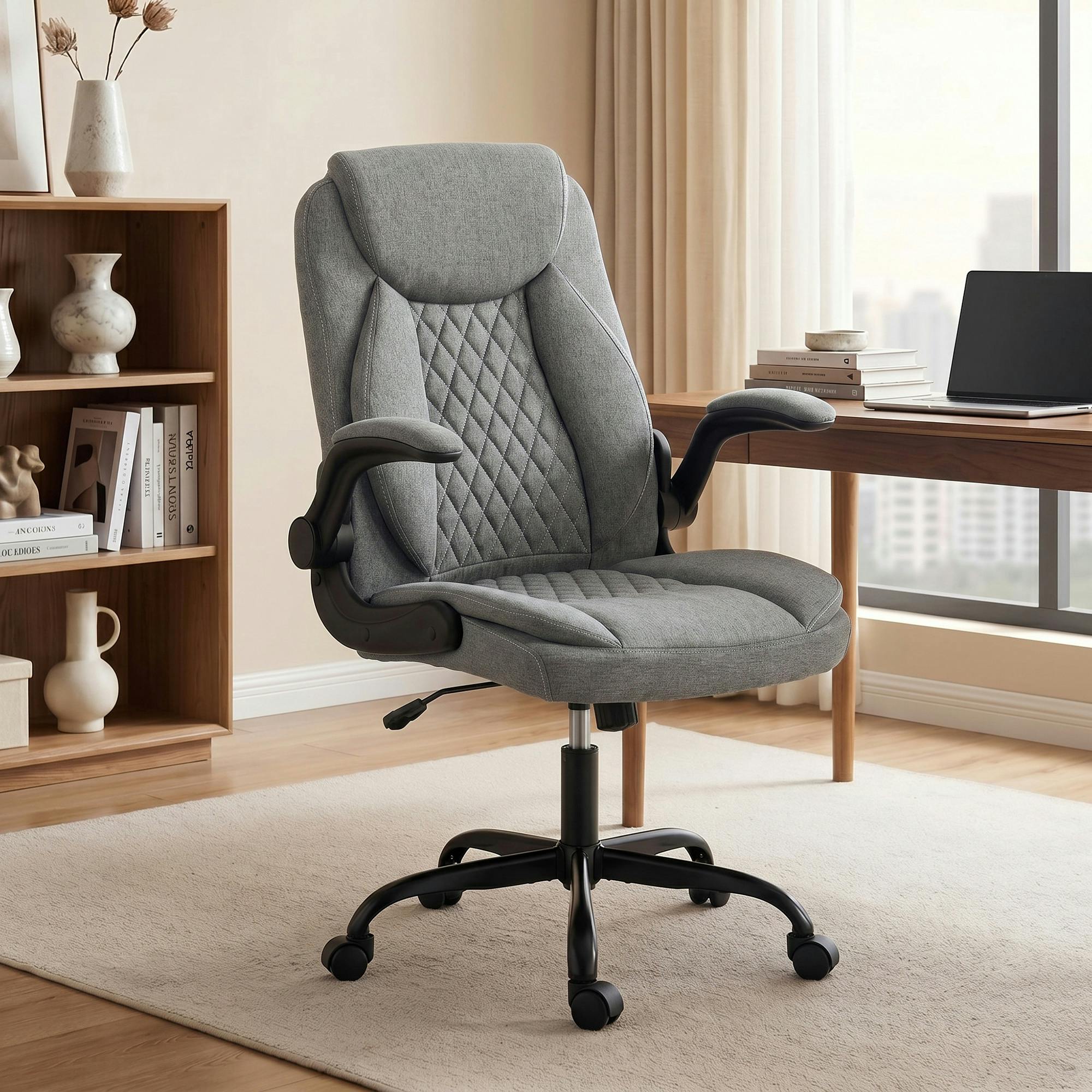 Rackhams Grey Linen-Look Computer Desk Chair With Thick Cushion
