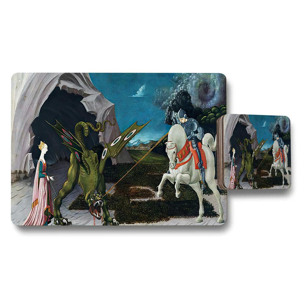 Rackhams White/Green Fantasy Knight And Dragon Placemats And Coaster Set For Table Decor