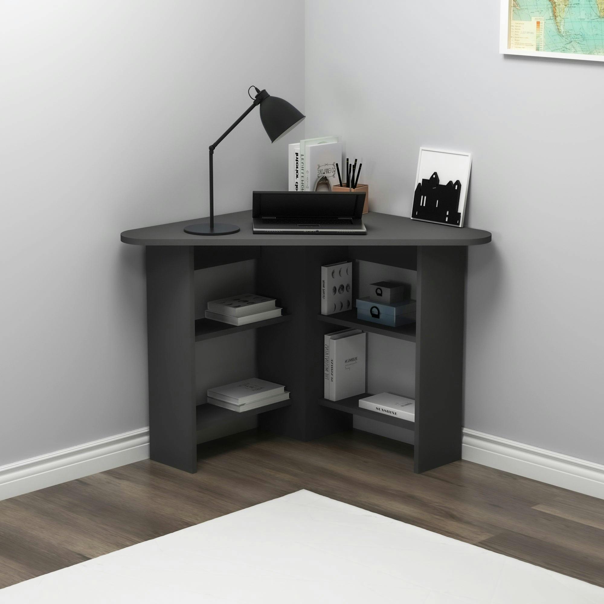 Destina Home Dark/Grey Corner Computer Desk With Shelves-Gredos