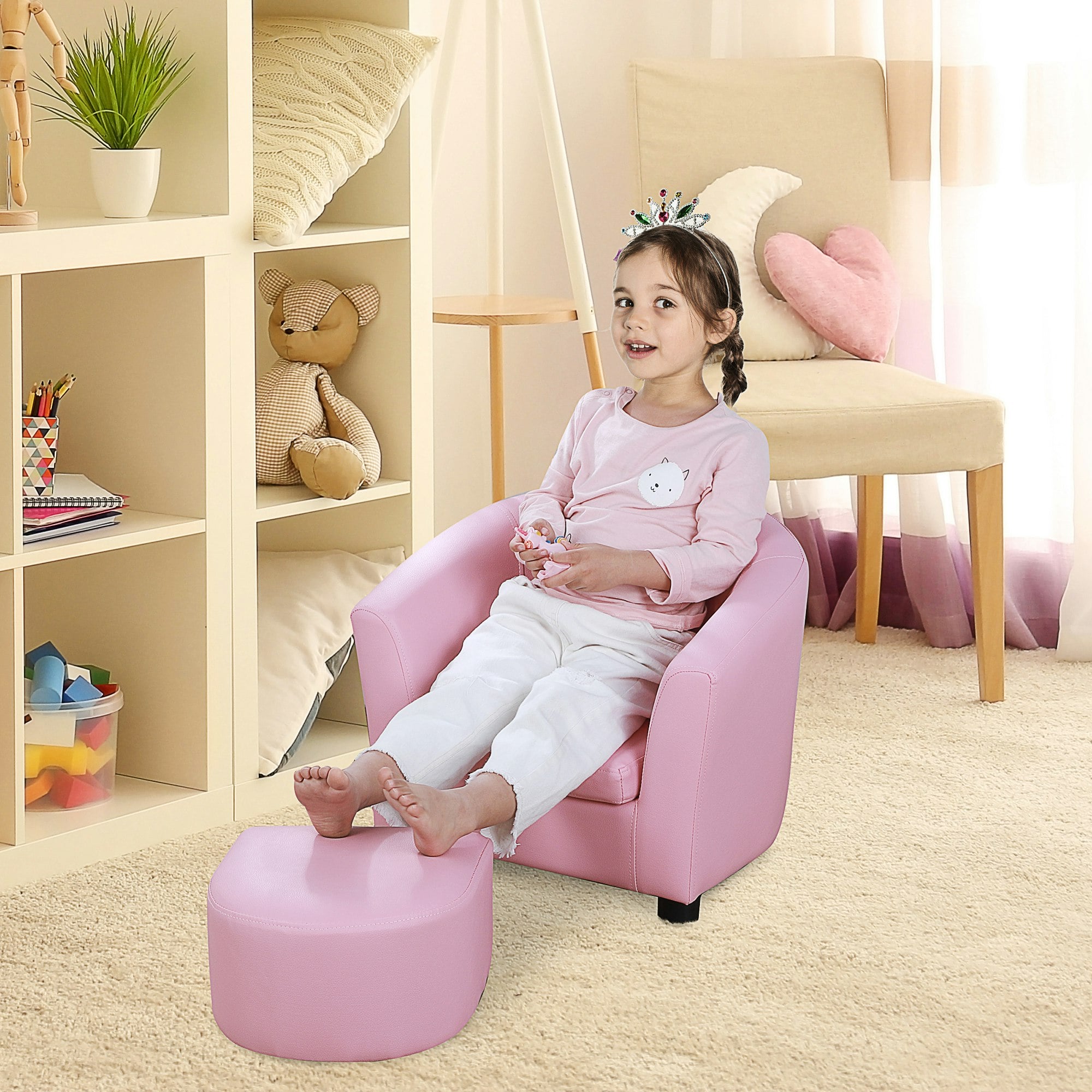 Rackhams Pink Kids Mini Sofa Children Armchair With Ottoman For Bedroom Playroom