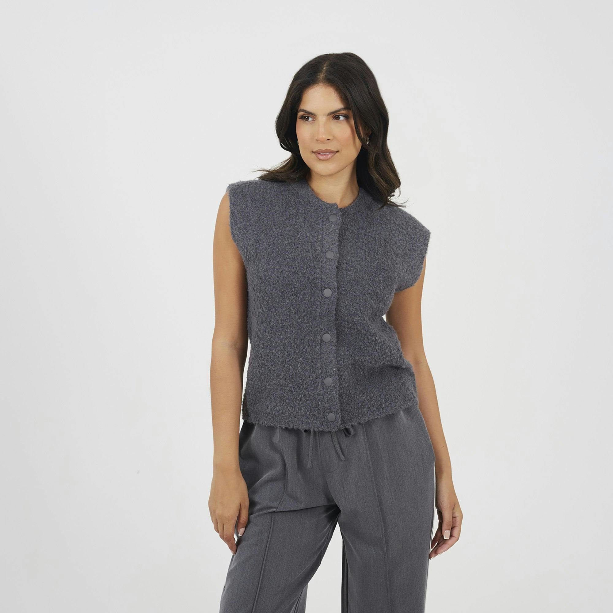 Brave Soul Boucle Knitted Waistcoat - Charcoal - Charcoal - S