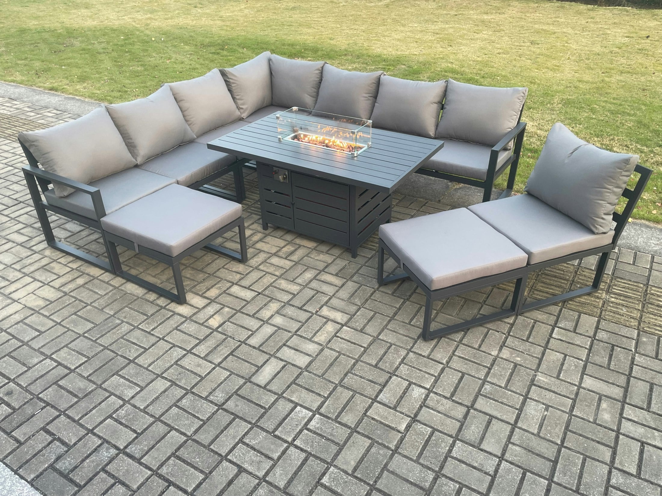 Rackhams Dark/Grey Aluminium Lounge Corner Sofa Outdoor Garden Furniture Sets Gas Fire Pit Dining Table Set With 2 Big Footstools