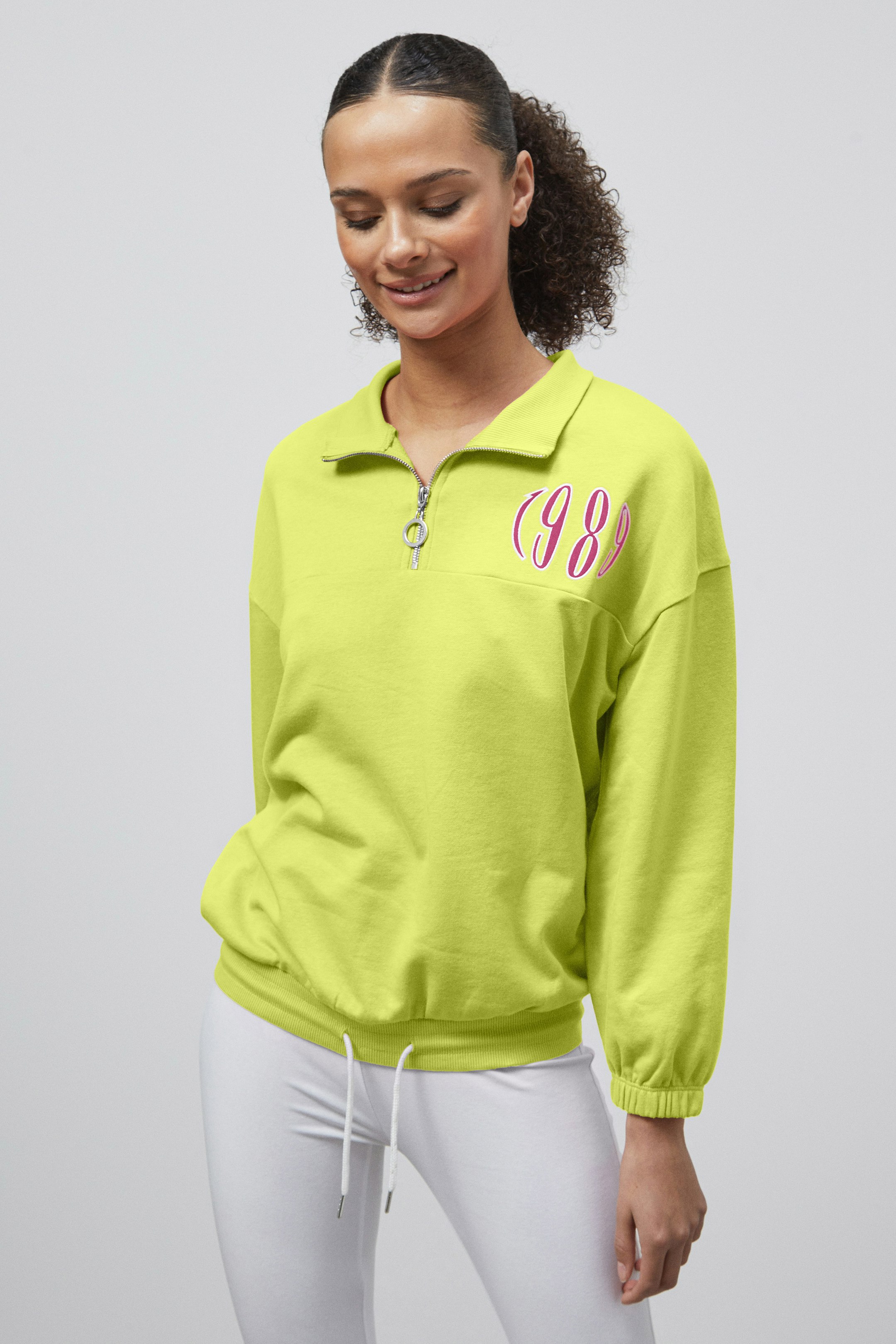 Enorsia Green Half Zip High Neck Embroidery Sweatshirt - 12 - 77% Cotton 23% Polyester